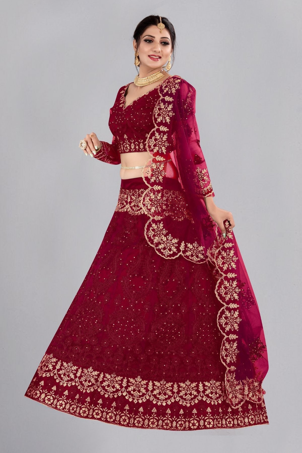 Jyoti Fashion Women's Maroon Net Thread Embroidered Designer Lehenga Choli Set | Swadesiicart