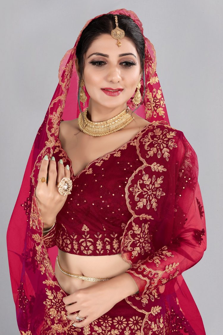 Jyoti Fashion Women's Maroon Net Thread Embroidered Designer Lehenga Choli Set | Swadesiicart