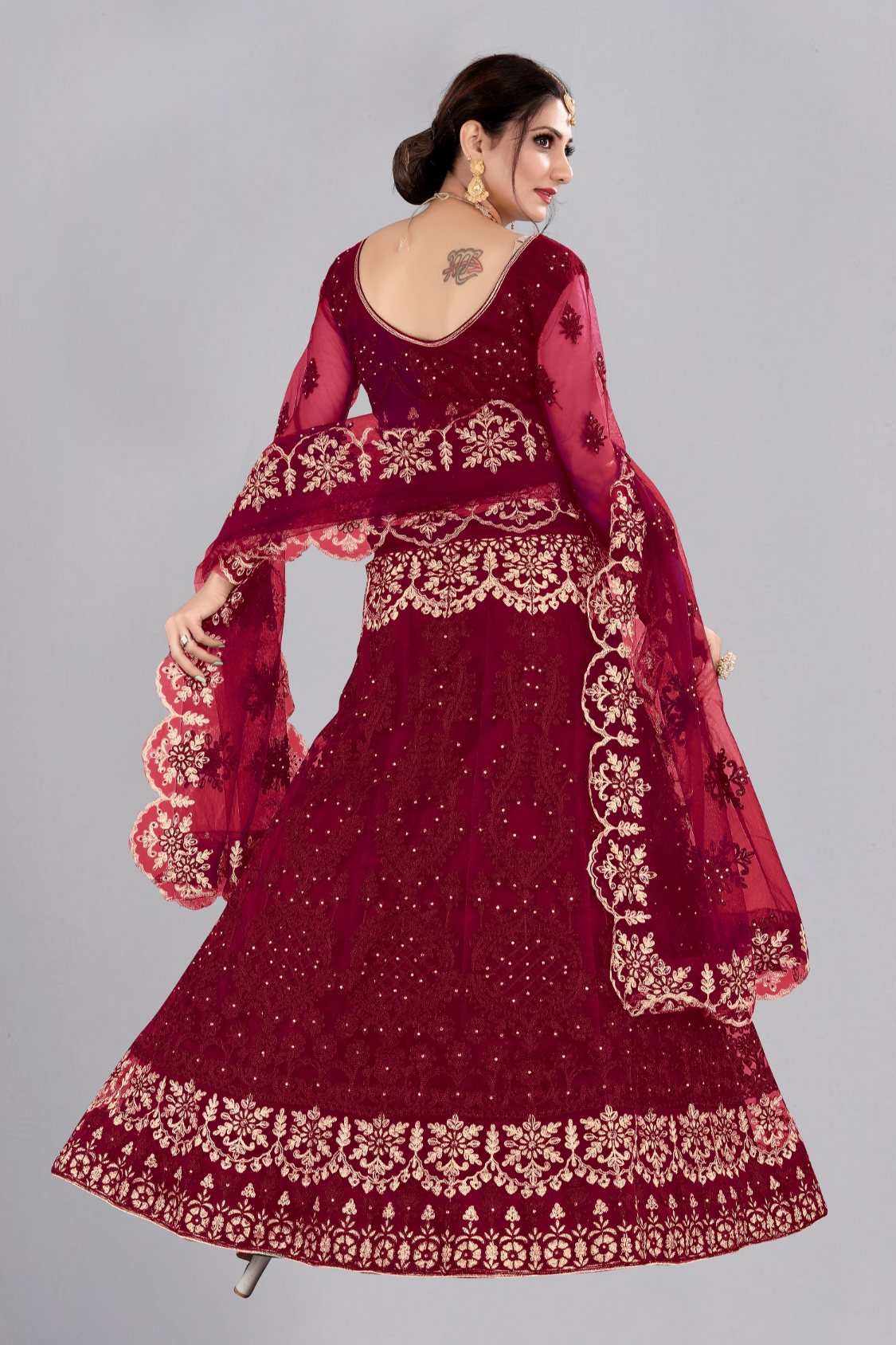 Jyoti Fashion Women's Maroon Net Thread Embroidered Designer Lehenga Choli Set | Swadesiicart