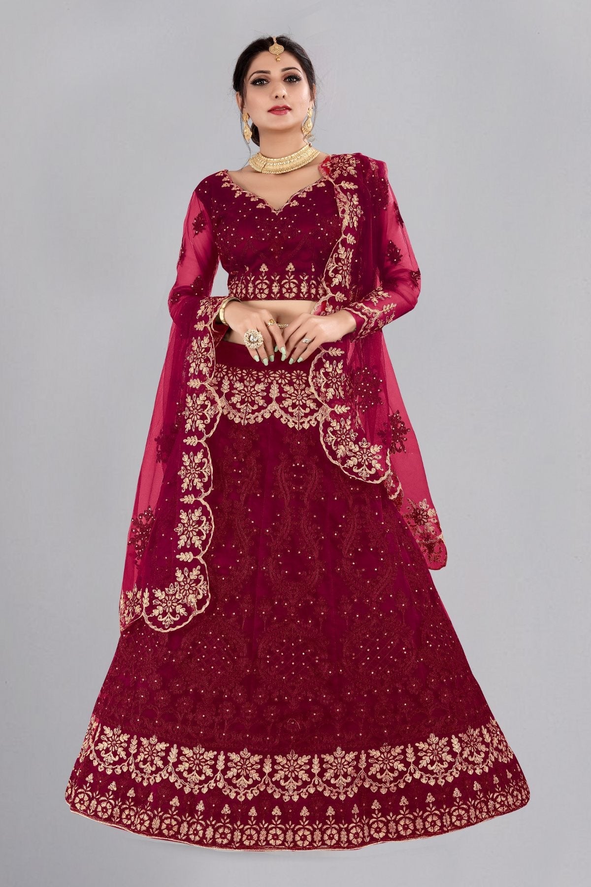 Jyoti Fashion Women's Maroon Net Thread Embroidered Designer Lehenga Choli Set | Swadesiicart