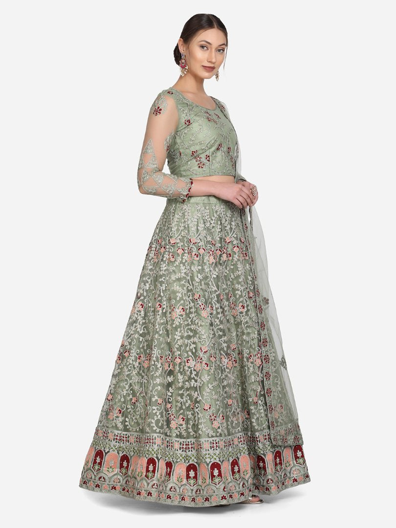 Jyoti Fashion Women's Light Green Net Thread Embroidered Designer Lehenga Choli Set | Swadesiicart