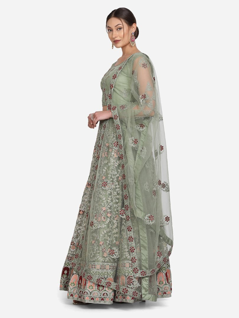 Jyoti Fashion Women's Light Green Net Thread Embroidered Designer Lehenga Choli Set | Swadesiicart