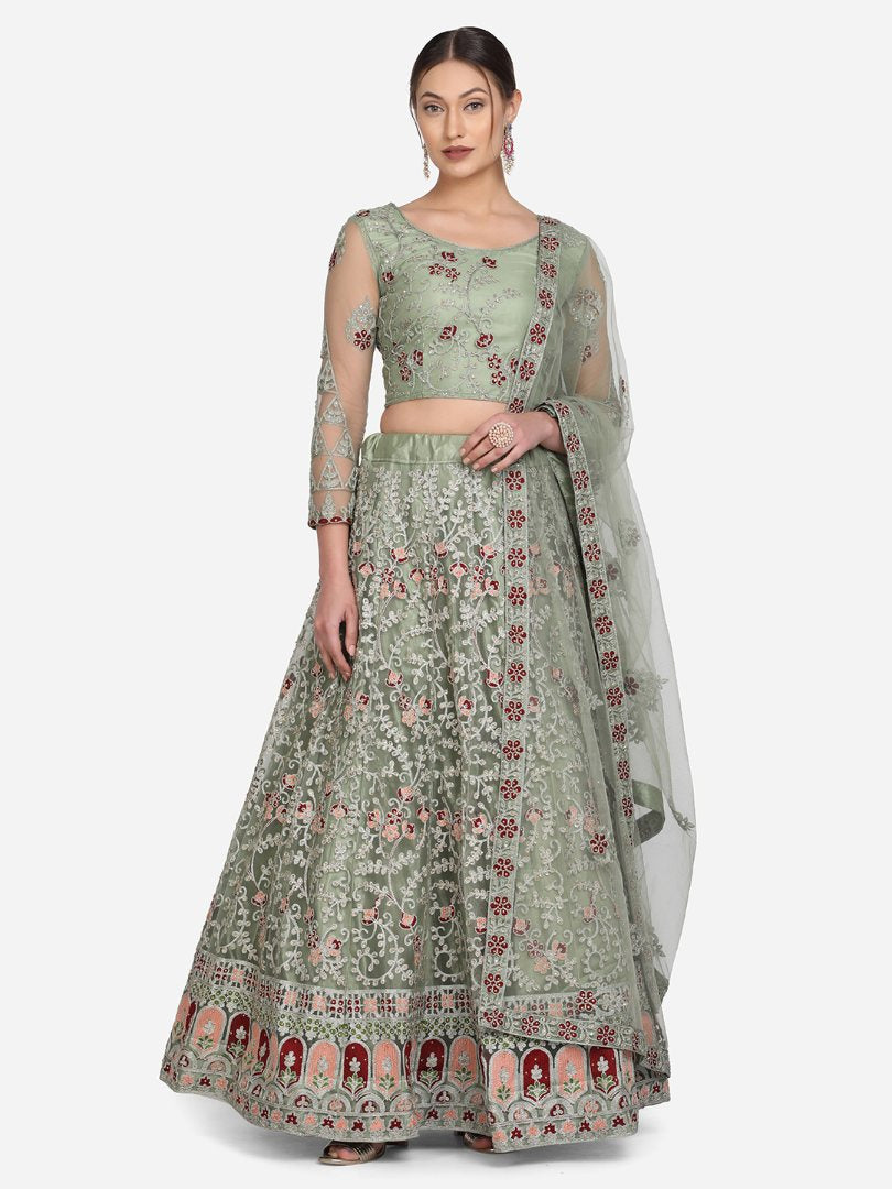 Jyoti Fashion Women's Light Green Net Thread Embroidered Designer Lehenga Choli Set | Swadesiicart