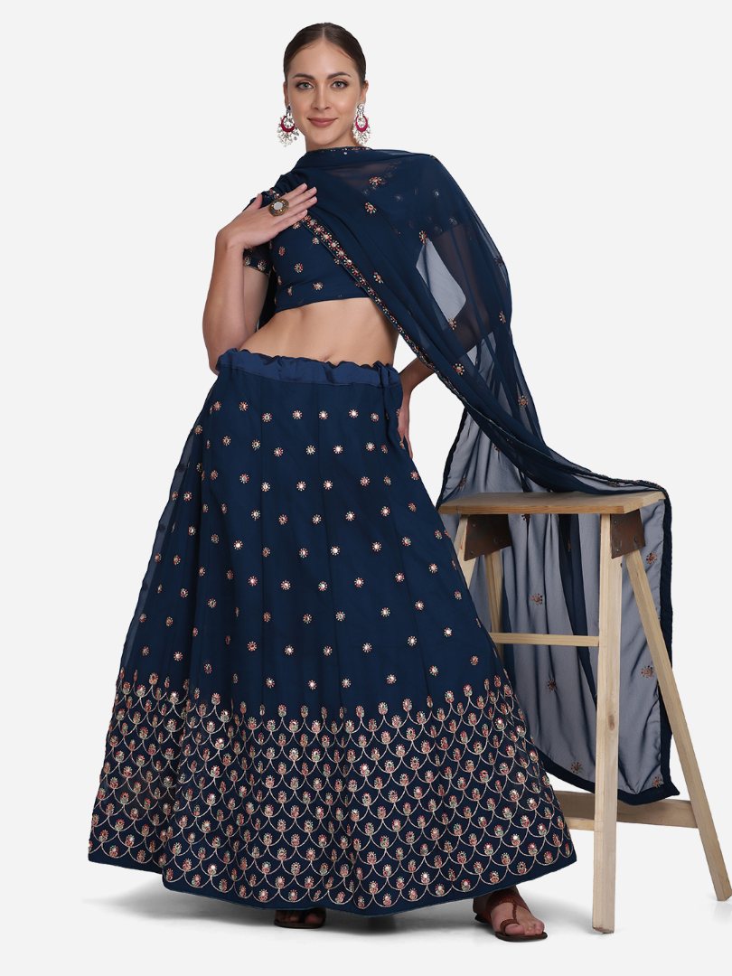 Jyoti Fashion Women's Navy Blue Georgette Thread Embroidered Lehenga Choli with Dupatta | Swadesiicart