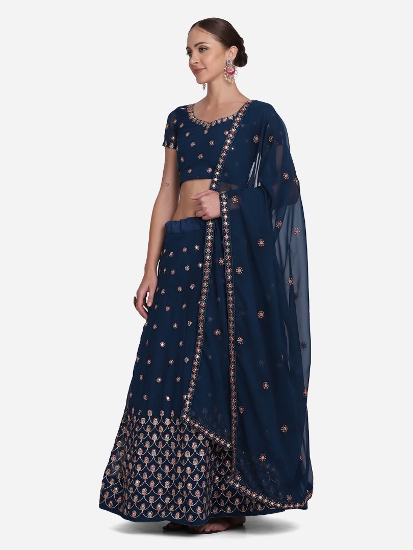 Jyoti Fashion Women's Navy Blue Georgette Thread Embroidered Lehenga Choli with Dupatta | Swadesiicart