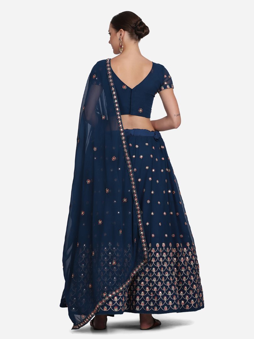 Jyoti Fashion Women's Navy Blue Georgette Thread Embroidered Lehenga Choli with Dupatta | Swadesiicart