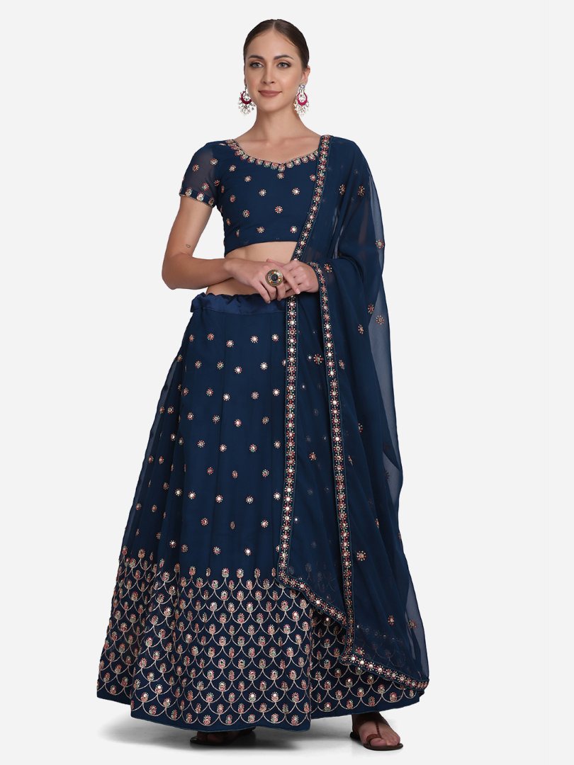 Jyoti Fashion Women's Navy Blue Georgette Thread Embroidered Lehenga Choli with Dupatta | Swadesiicart