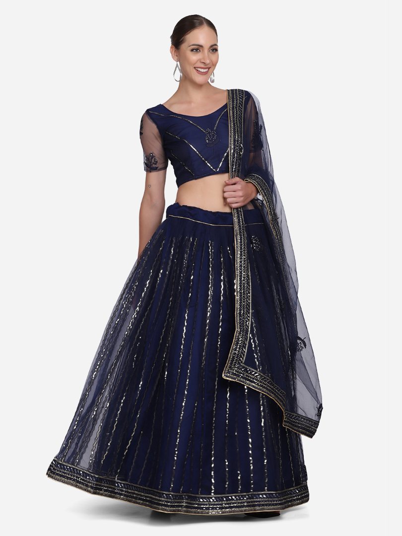 Jyoti Fashion Women's Navy Blue Net Sequins Embroidered Lehenga Choli with Dupatta | Swadesiicart
