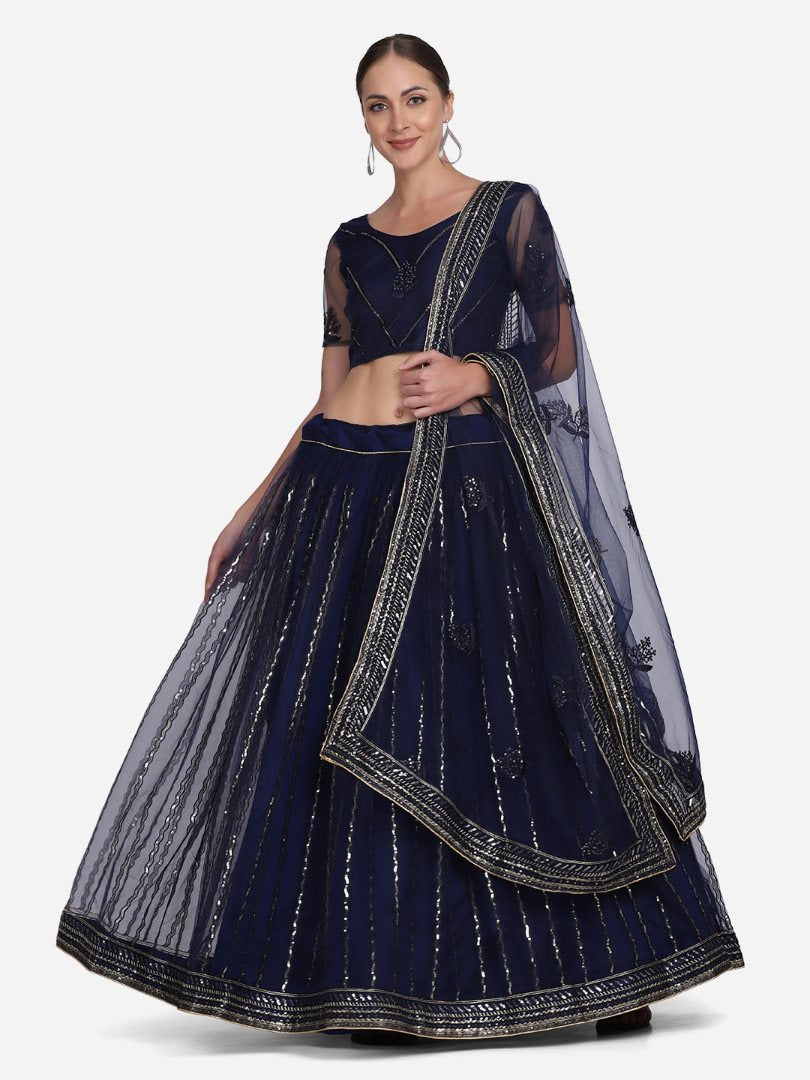 Jyoti Fashion Women's Navy Blue Net Sequins Embroidered Lehenga Choli with Dupatta | Swadesiicart