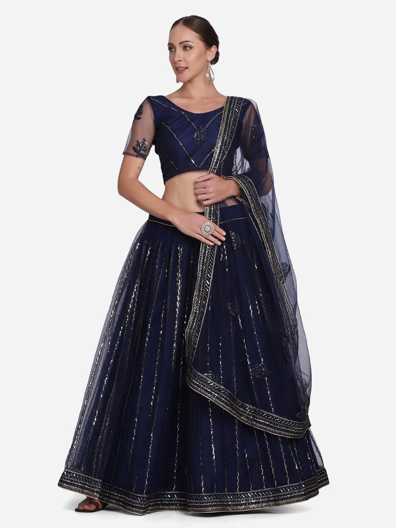 Jyoti Fashion Women's Navy Blue Net Sequins Embroidered Lehenga Choli with Dupatta | Swadesiicart