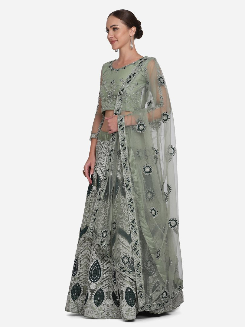 Jyoti Fashion Women's Sea Green Net Thread Embroidered Lehenga Choli with Dupatta | Swadesiicart