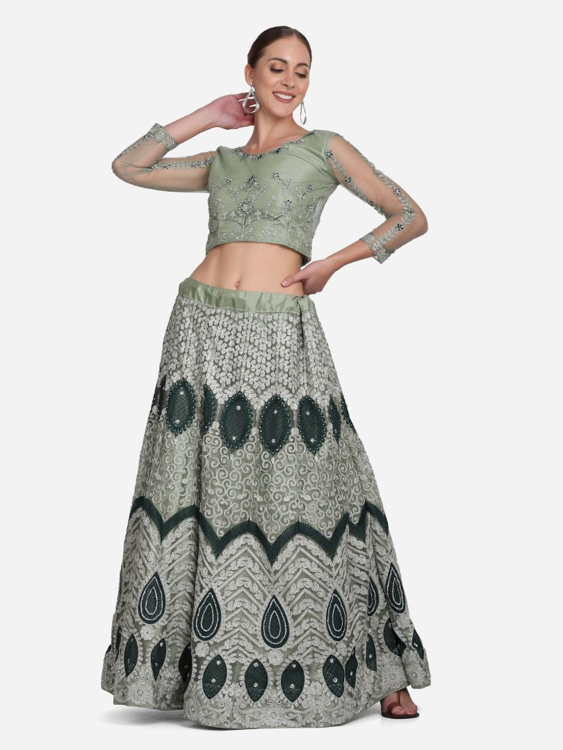 Jyoti Fashion Women's Sea Green Net Thread Embroidered Lehenga Choli with Dupatta | Swadesiicart