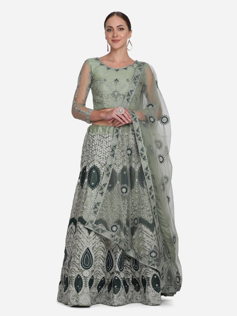 Jyoti Fashion Women's Sea Green Net Thread Embroidered Lehenga Choli with Dupatta | Swadesiicart
