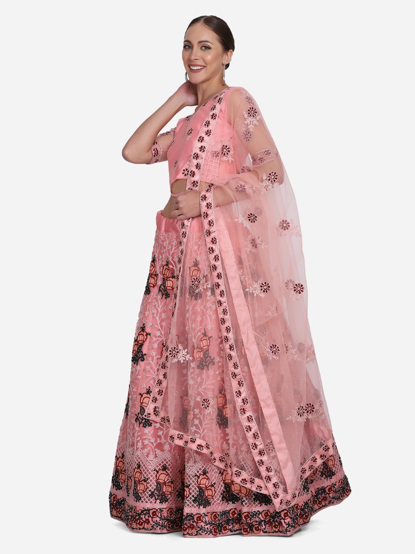 Jyoti Fashion Women's Baby Pink Net Thread Embroidered Lehenga Choli with Dupatta | Swadesiicart