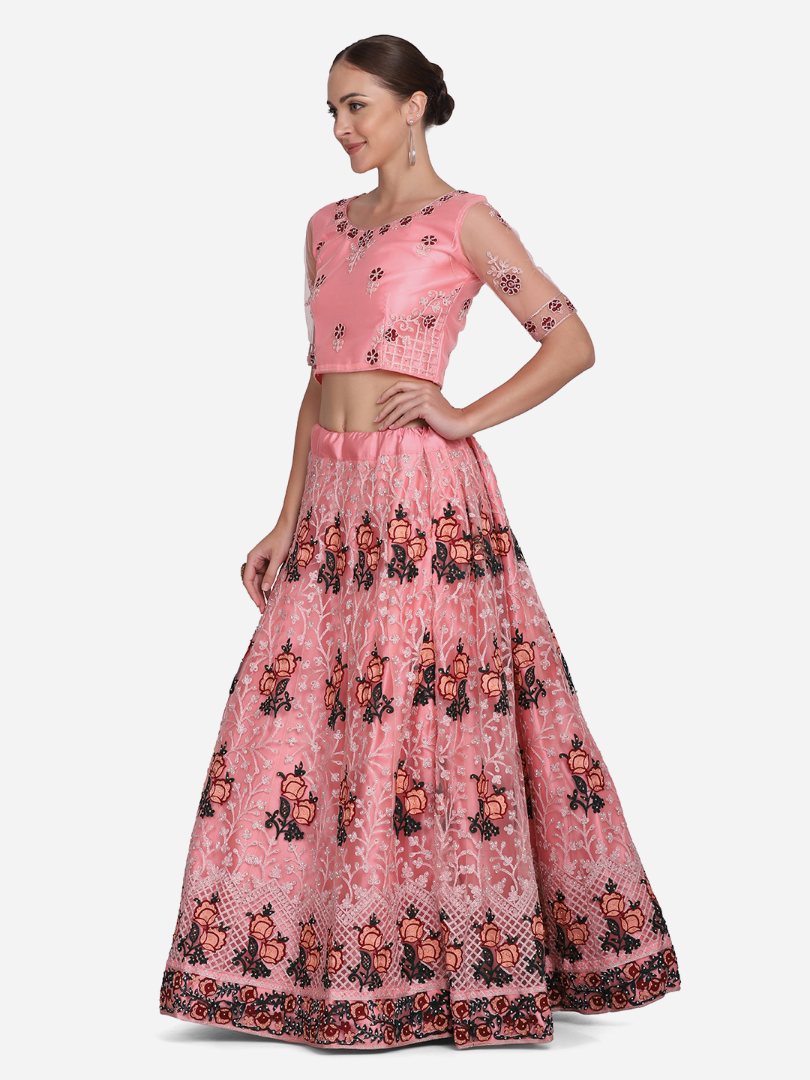 Jyoti Fashion Women's Baby Pink Net Thread Embroidered Lehenga Choli with Dupatta | Swadesiicart