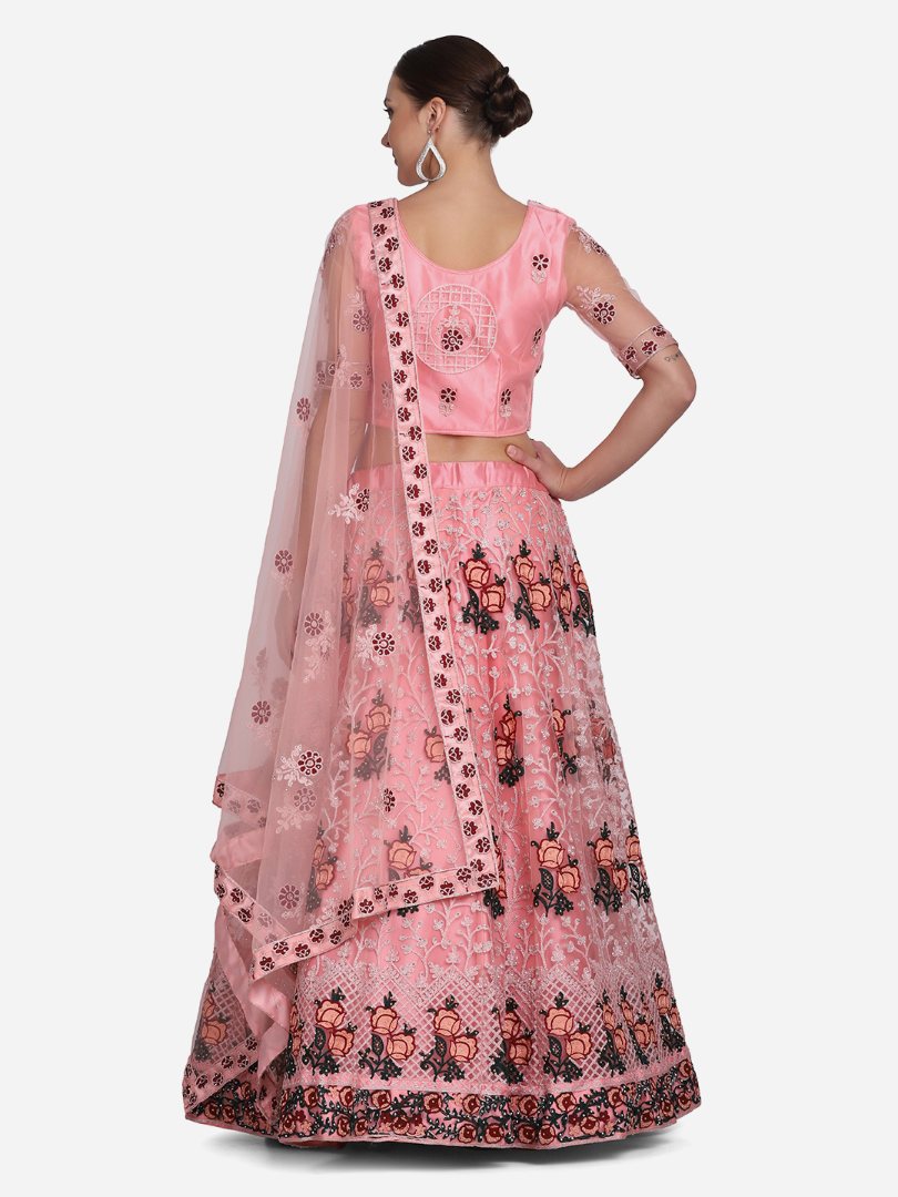 Jyoti Fashion Women's Baby Pink Net Thread Embroidered Lehenga Choli with Dupatta | Swadesiicart