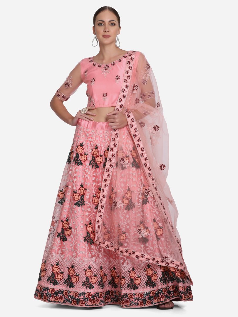Jyoti Fashion Women's Baby Pink Net Thread Embroidered Lehenga Choli with Dupatta | Swadesiicart