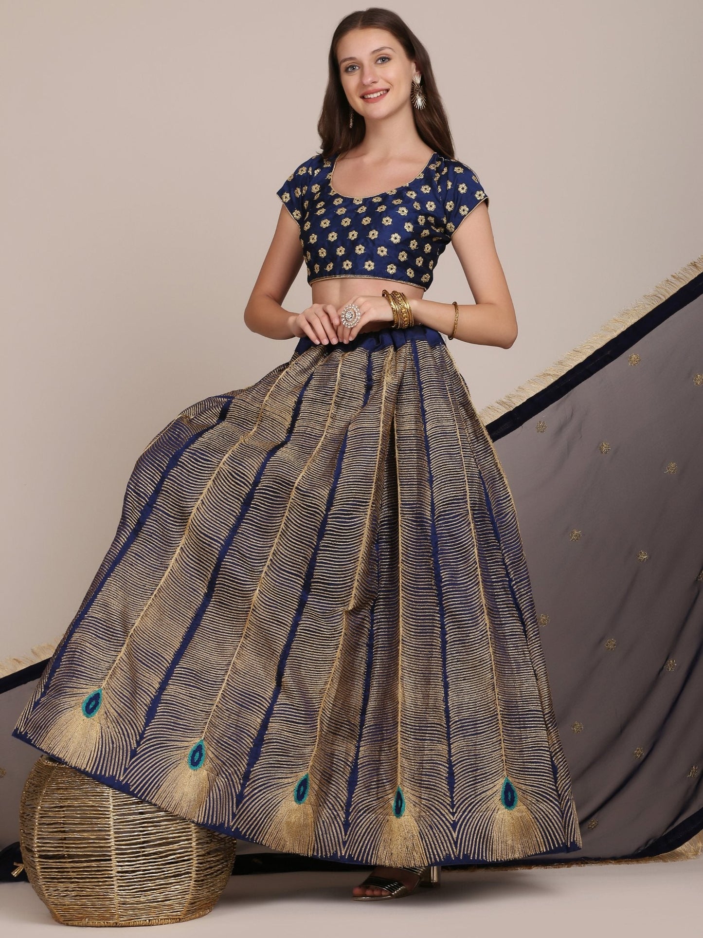 Jyoti Fashion Women's Navy Blue Taffeta Silk Thread Embroidered Lehenga Choli with Dupatta | Swadesiicart