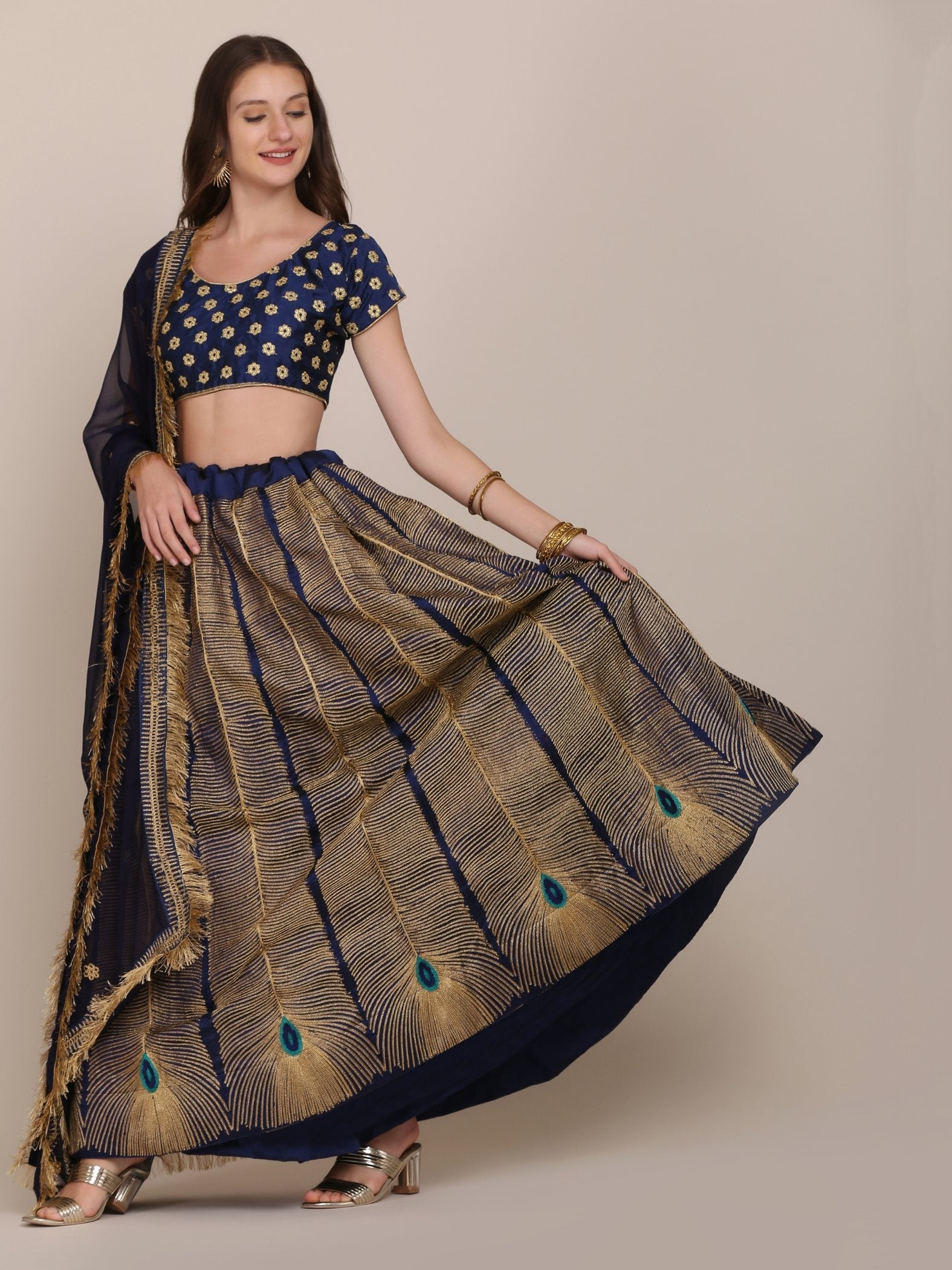 Jyoti Fashion Women's Navy Blue Taffeta Silk Thread Embroidered Lehenga Choli with Dupatta | Swadesiicart