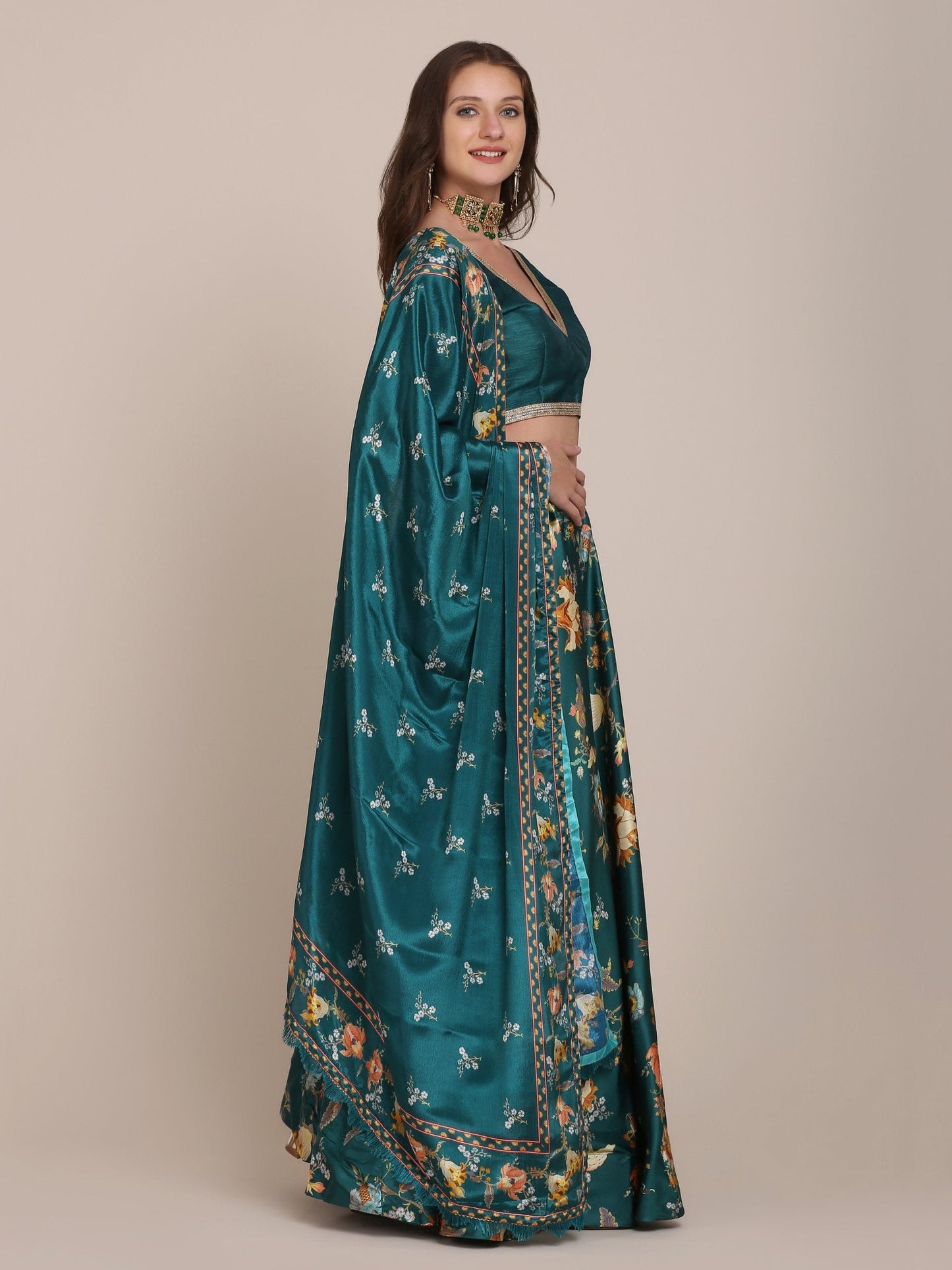 Jyoti Fashion Women's Teal Chinon Floral Printed Lehenga Choli with Dupatta | Swadesiicart