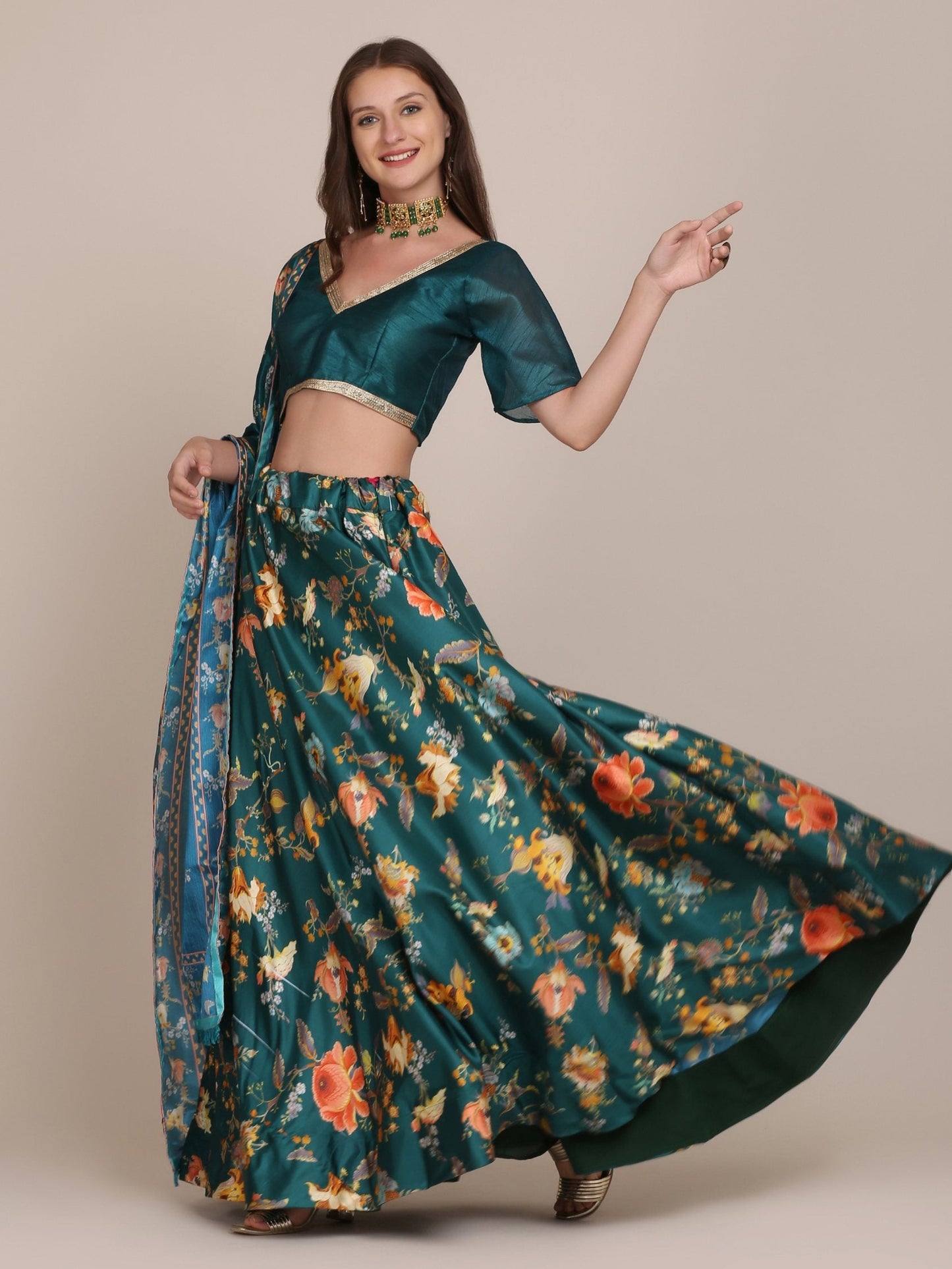 Jyoti Fashion Women's Teal Chinon Floral Printed Lehenga Choli with Dupatta | Swadesiicart