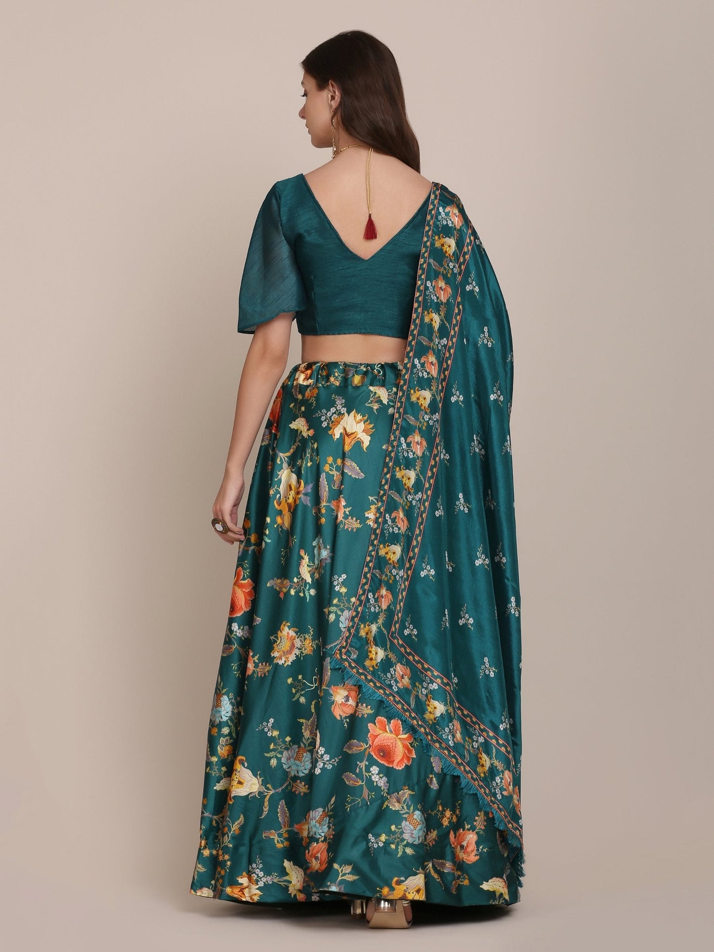 Jyoti Fashion Women's Teal Chinon Floral Printed Lehenga Choli with Dupatta | Swadesiicart