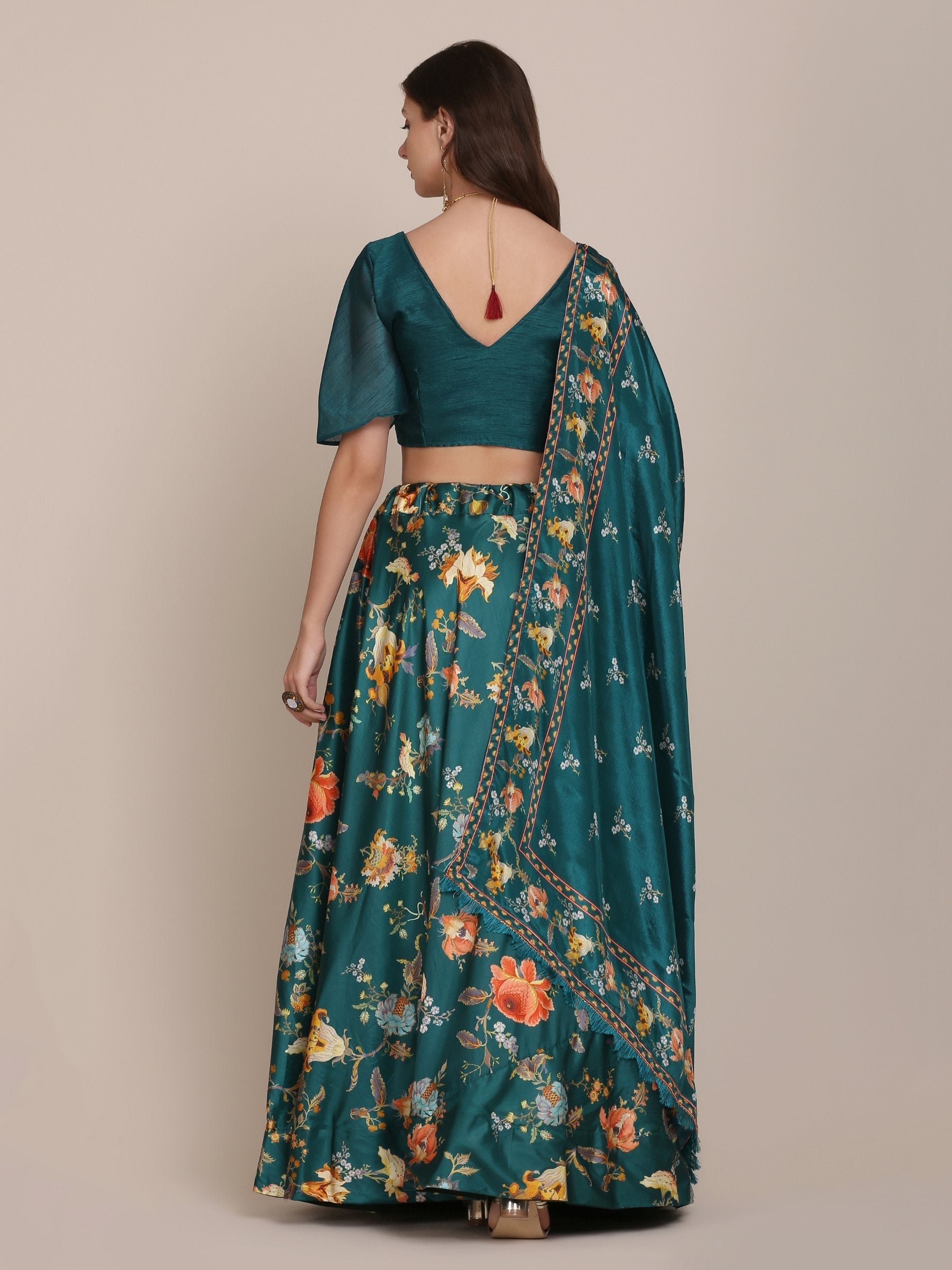 Jyoti Fashion Women's Teal Chinon Floral Printed Lehenga Choli with Dupatta | Swadesiicart