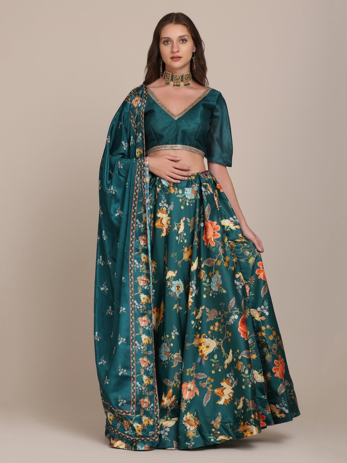 Jyoti Fashion Women's Teal Chinon Floral Printed Lehenga Choli with Dupatta | Swadesiicart