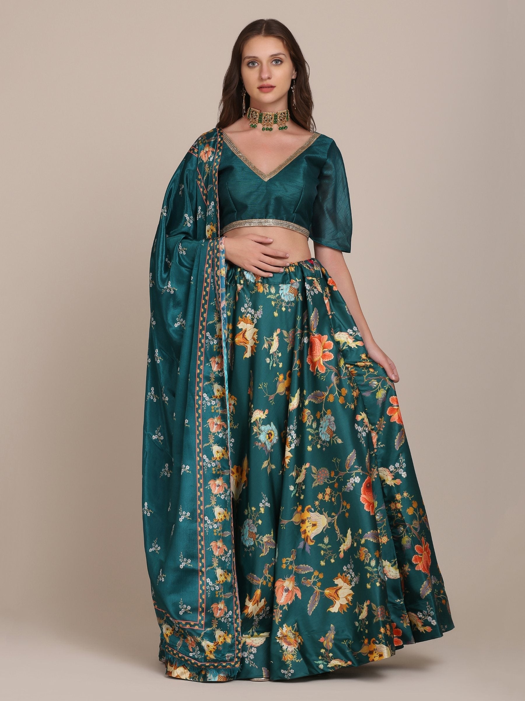Jyoti Fashion Women's Teal Chinon Floral Printed Lehenga Choli with Dupatta | Swadesiicart