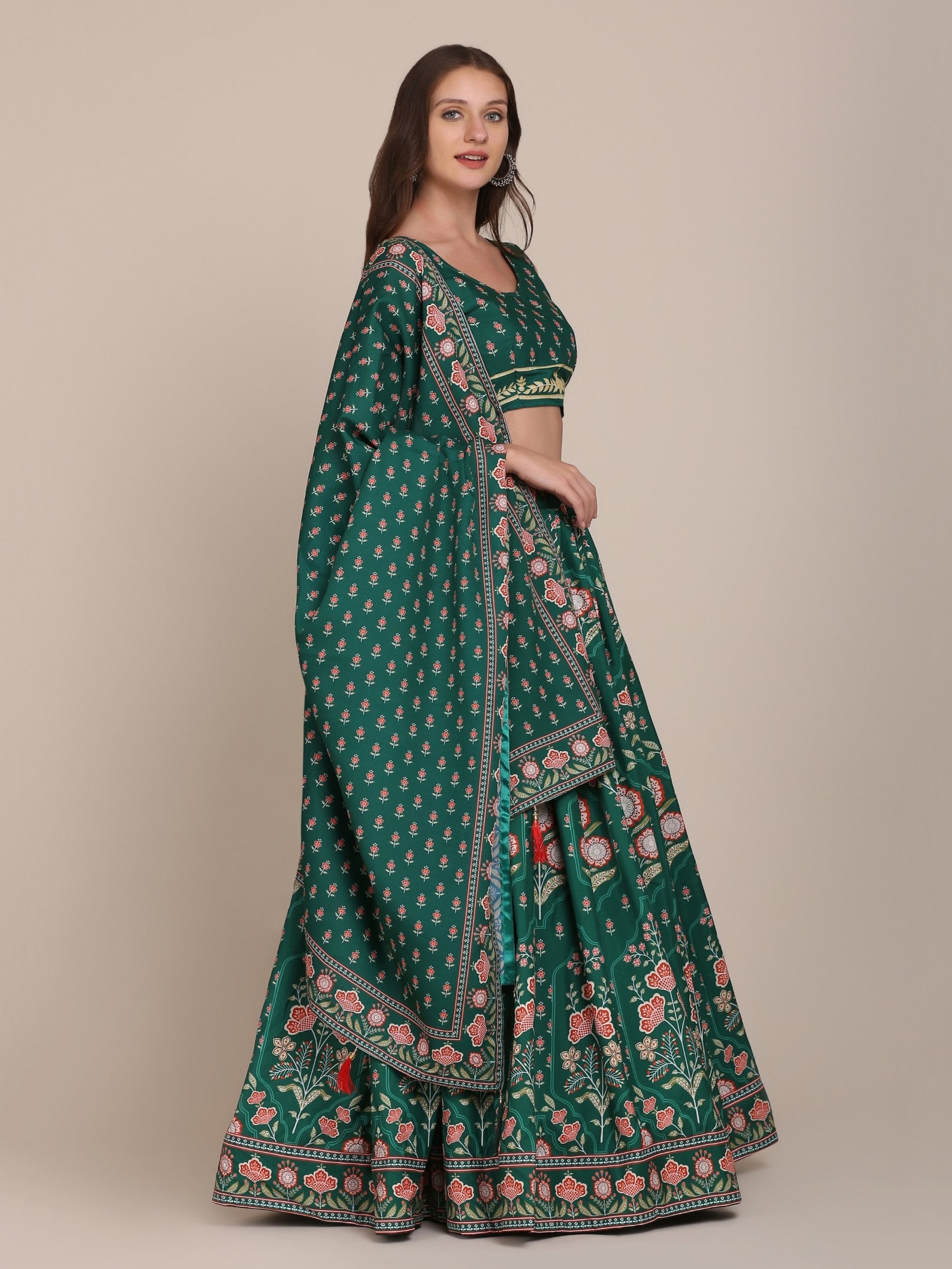 Jyoti Fashion Women's Bottle Green Crepe Floral Printed Lehenga Choli with Dupatta | Swadesiicart
