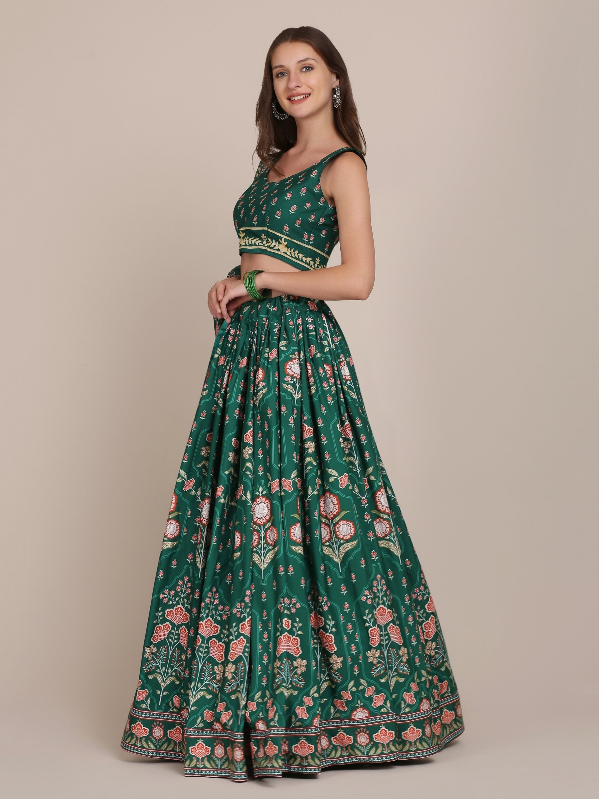 Jyoti Fashion Women's Bottle Green Crepe Floral Printed Lehenga Choli with Dupatta | Swadesiicart