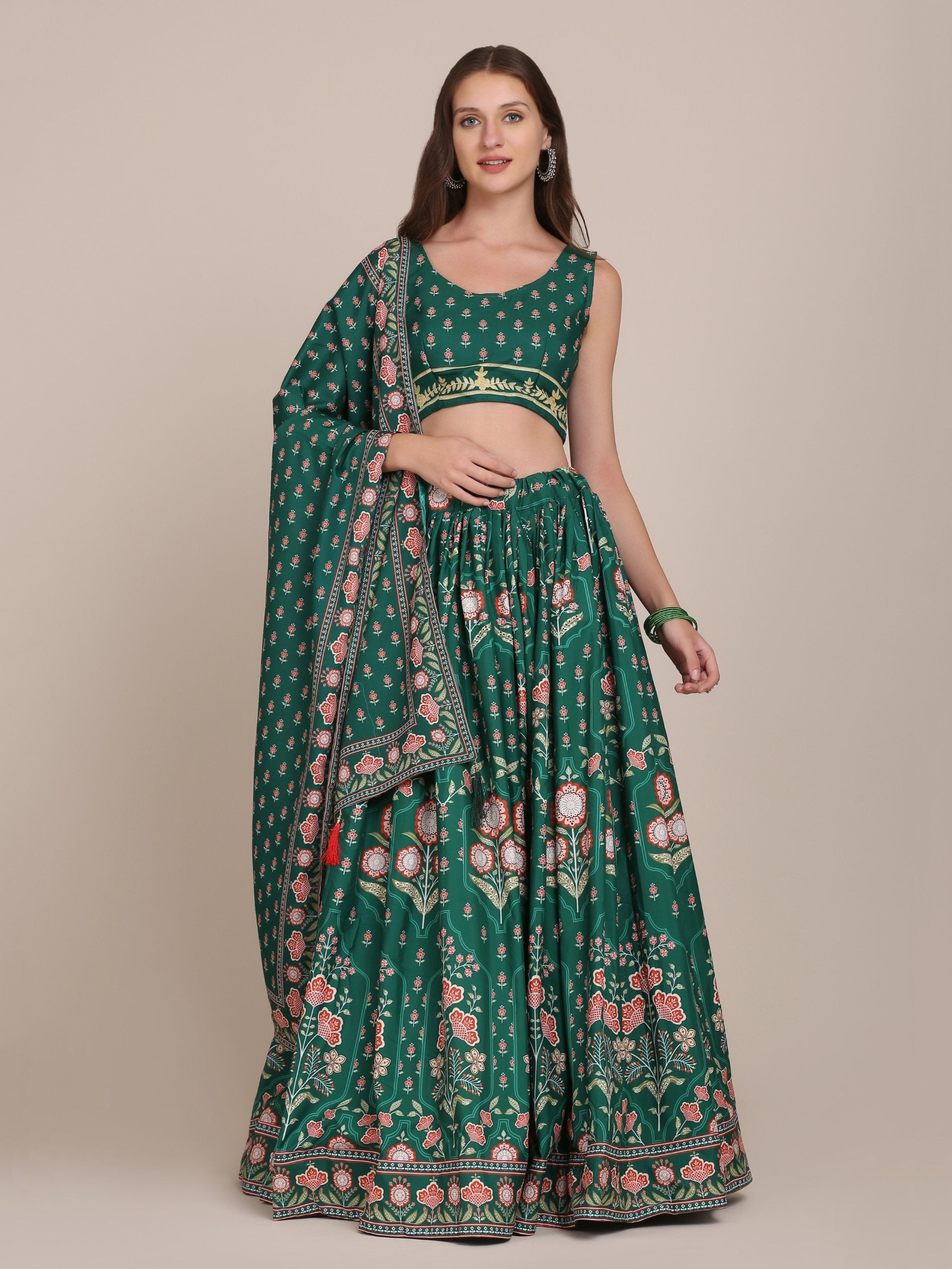 Jyoti Fashion Women's Bottle Green Crepe Floral Printed Lehenga Choli with Dupatta | Swadesiicart
