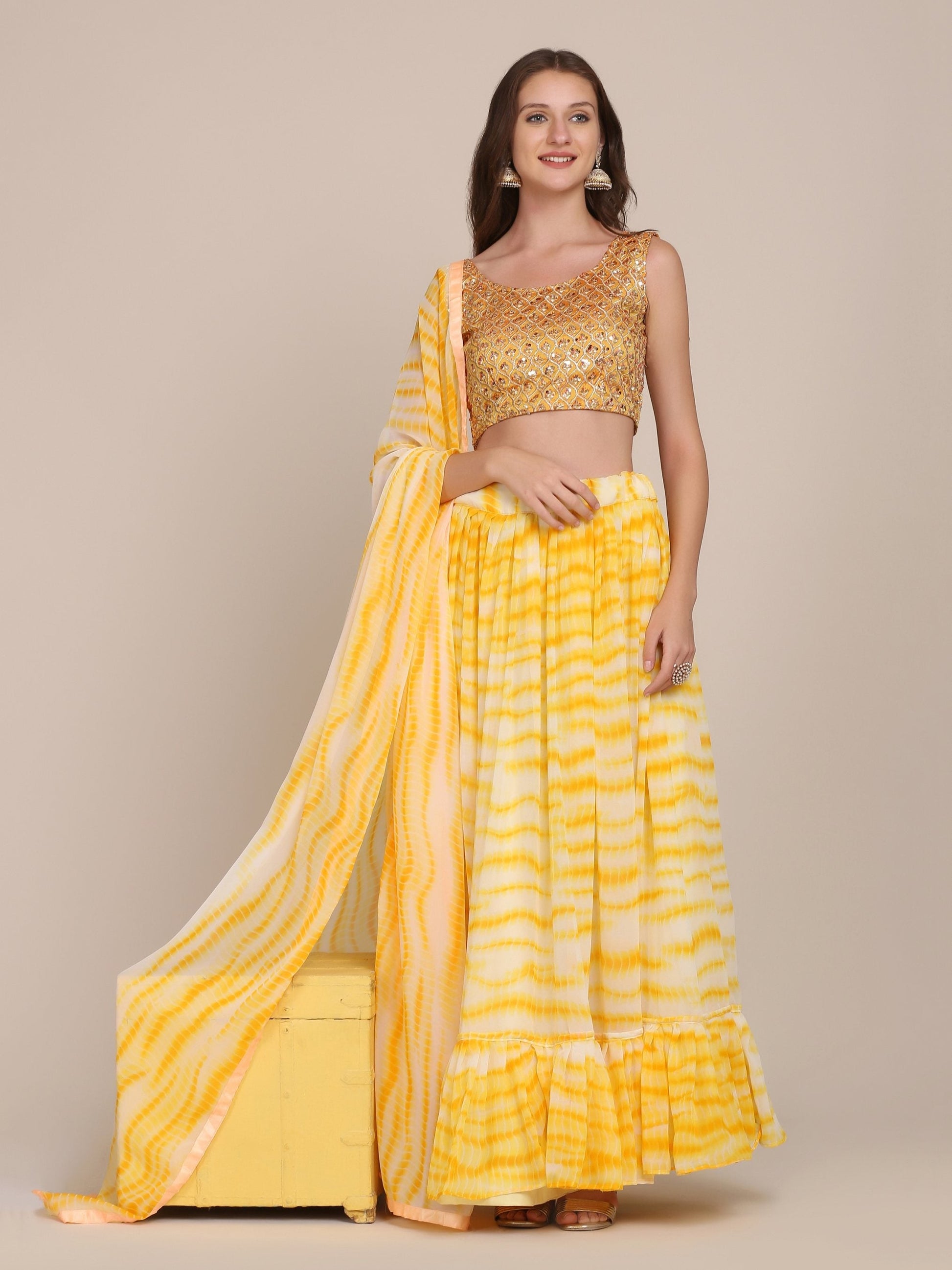 Jyoti Fashion Women's Yellow Georgette Shibori Print Work Lehenga Choli with Dupatta | Swadesiicart
