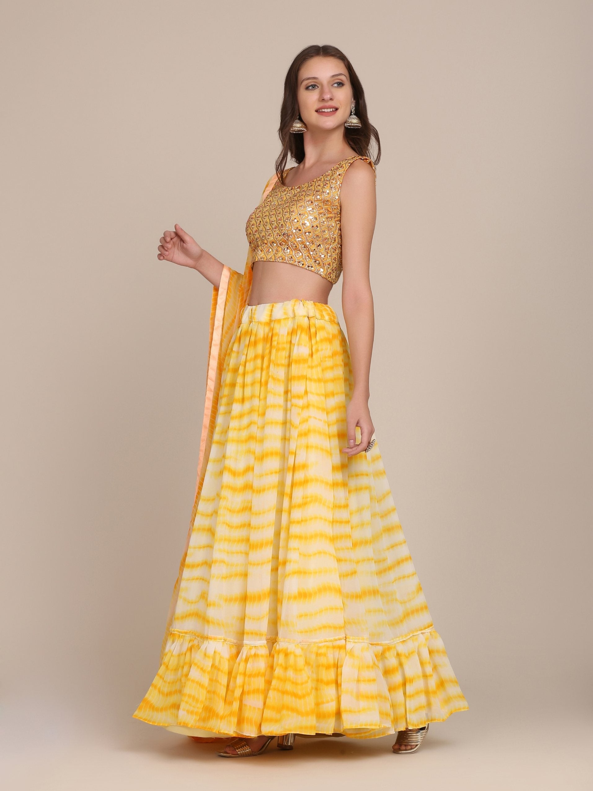 Jyoti Fashion Women's Yellow Georgette Shibori Print Work Lehenga Choli with Dupatta | Swadesiicart