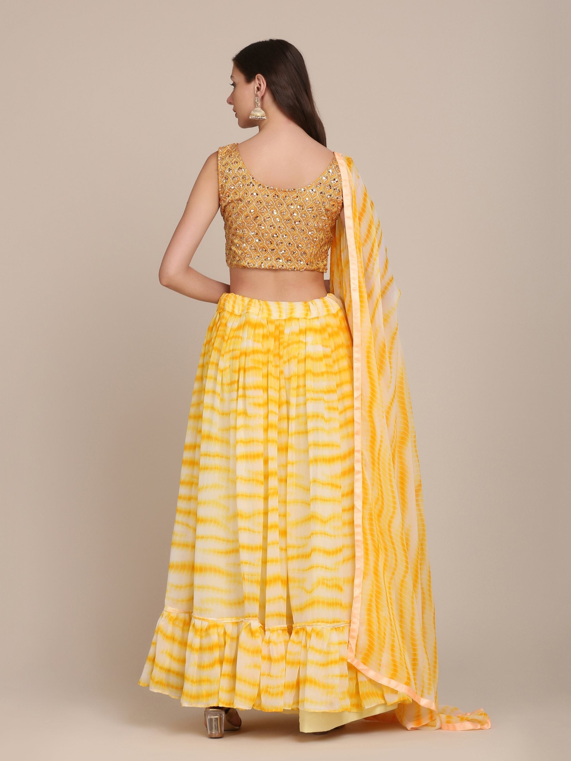 Jyoti Fashion Women's Yellow Georgette Shibori Print Work Lehenga Choli with Dupatta | Swadesiicart