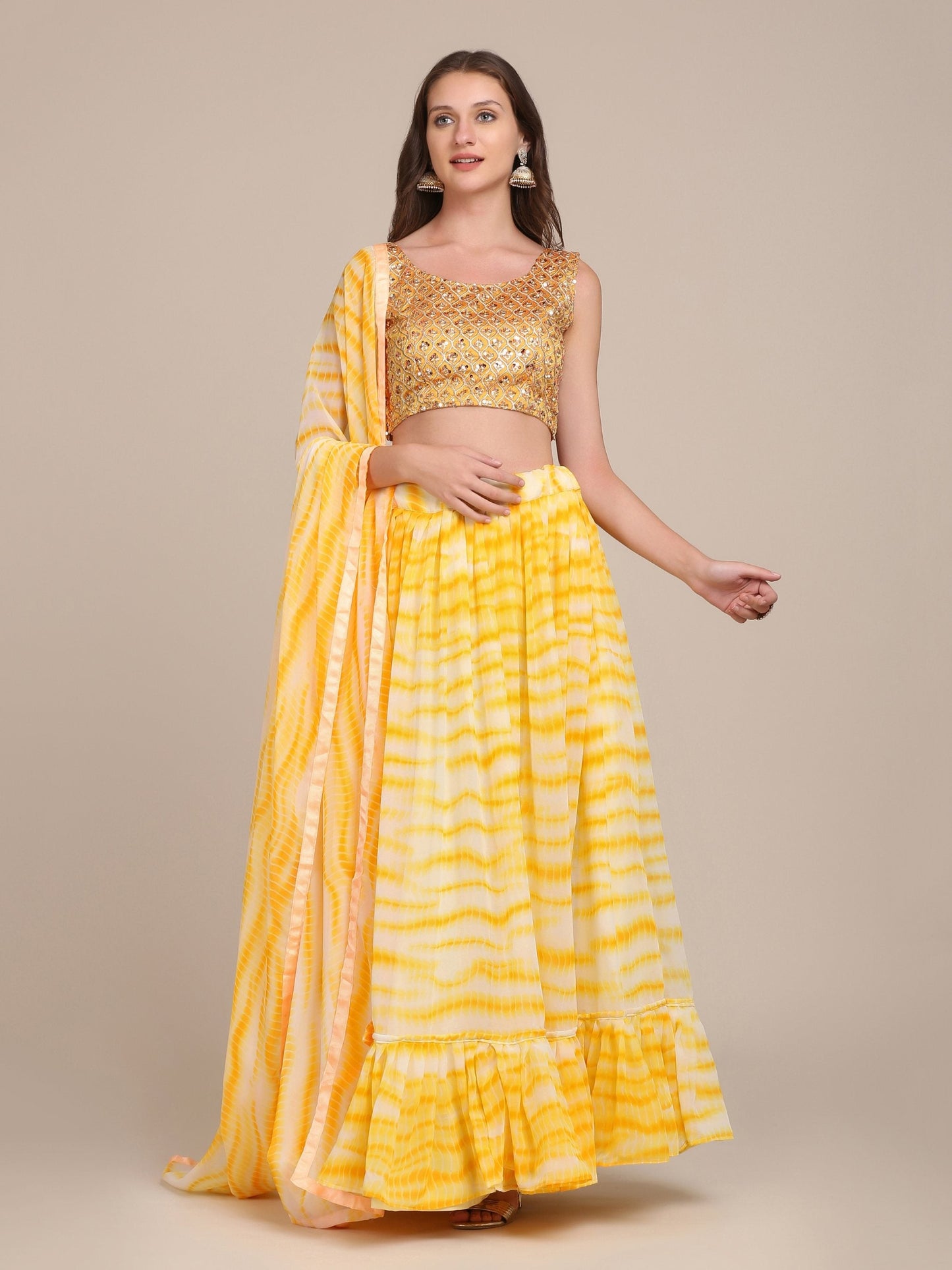 Jyoti Fashion Women's Yellow Georgette Shibori Print Work Lehenga Choli with Dupatta | Swadesiicart