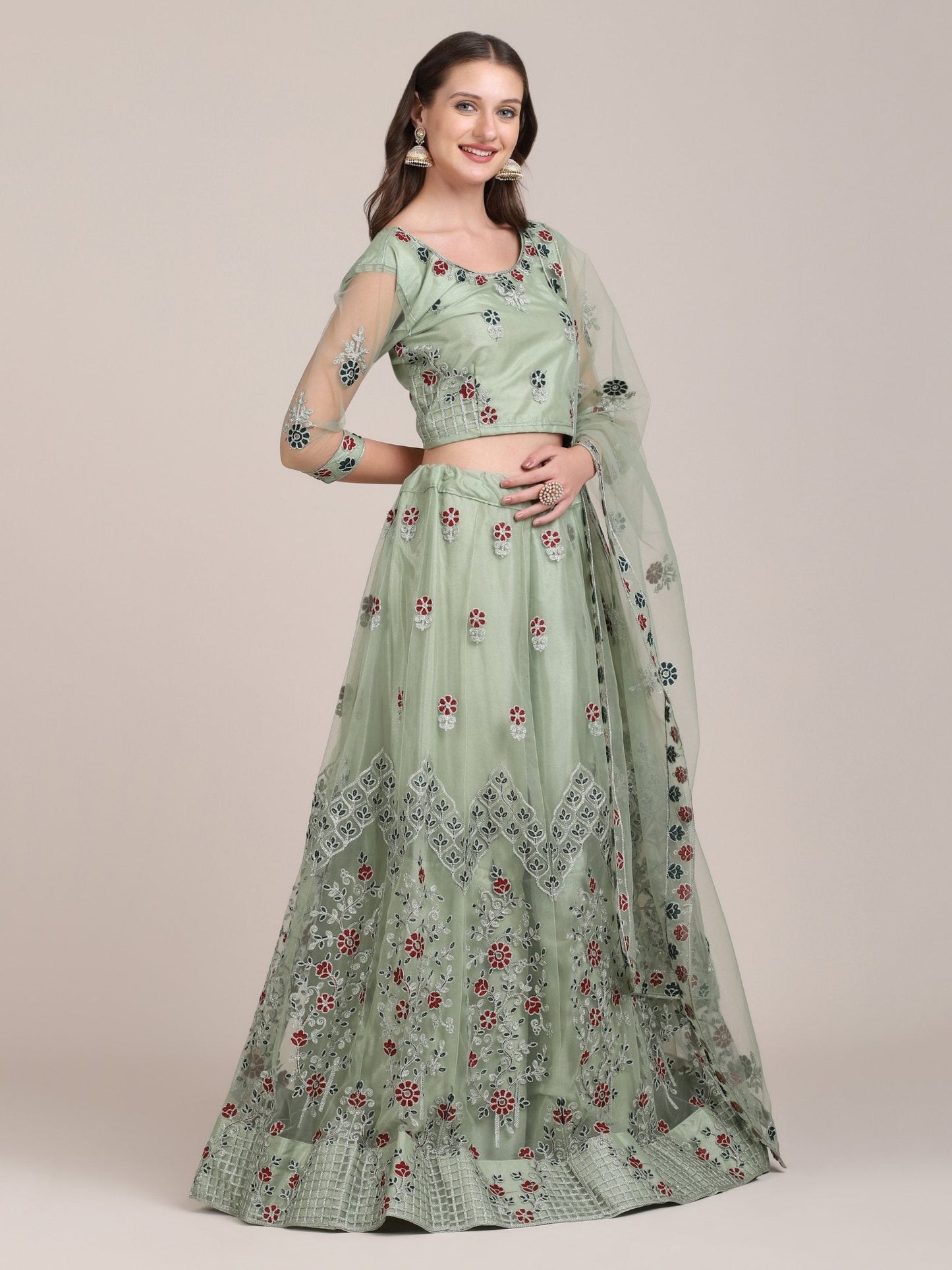 Jyoti Fashion Women's Sea Green Net Thread Embroidered Lehenga Choli with Dupatta | Swadesiicart