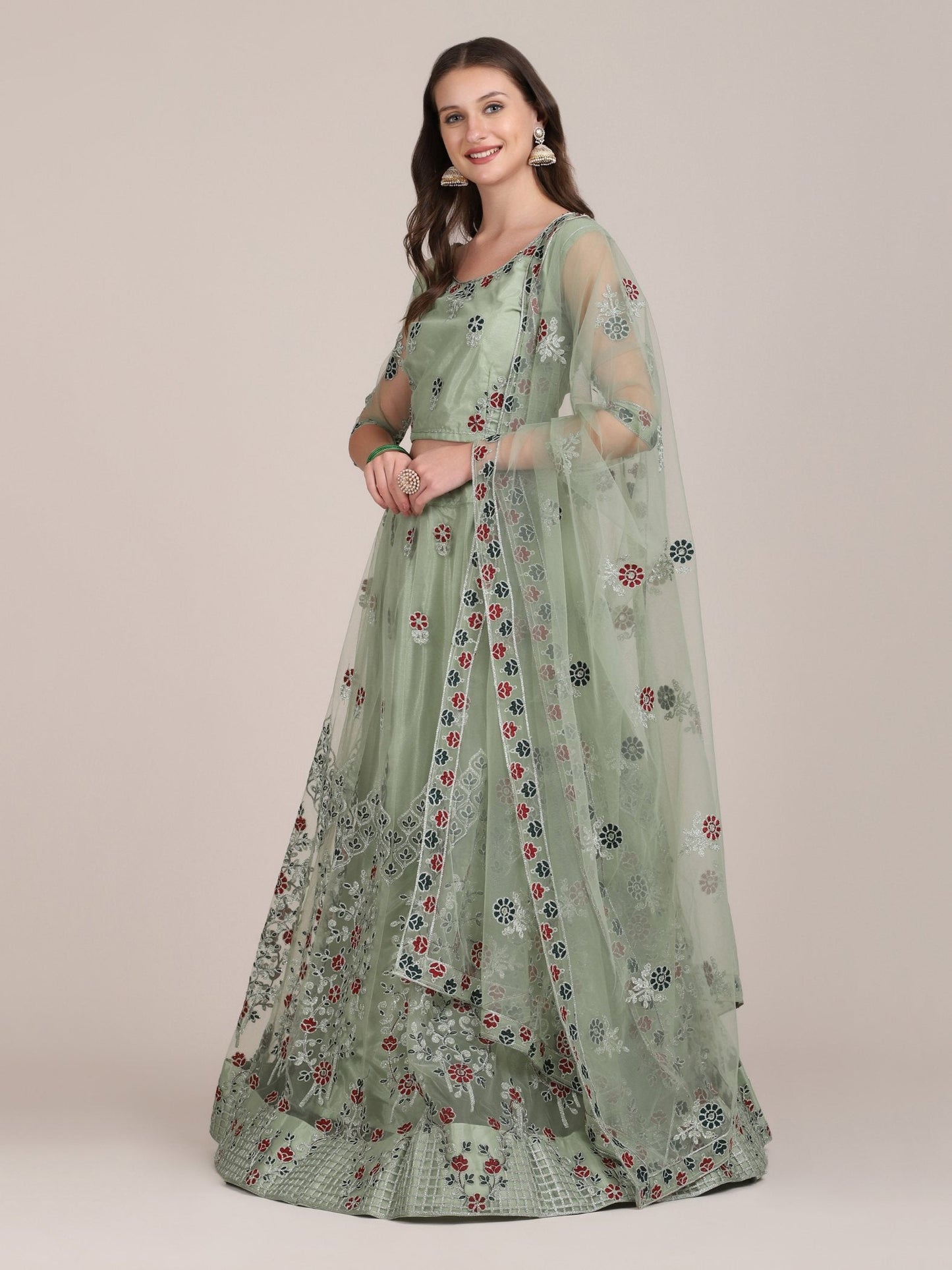 Jyoti Fashion Women's Sea Green Net Thread Embroidered Lehenga Choli with Dupatta | Swadesiicart