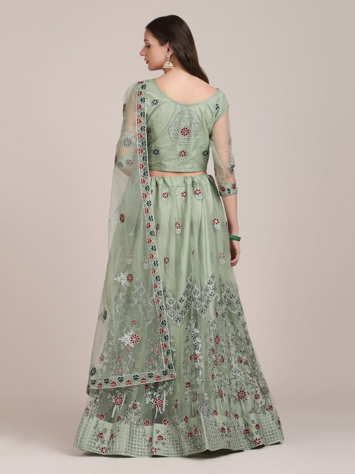Jyoti Fashion Women's Sea Green Net Thread Embroidered Lehenga Choli with Dupatta | Swadesiicart