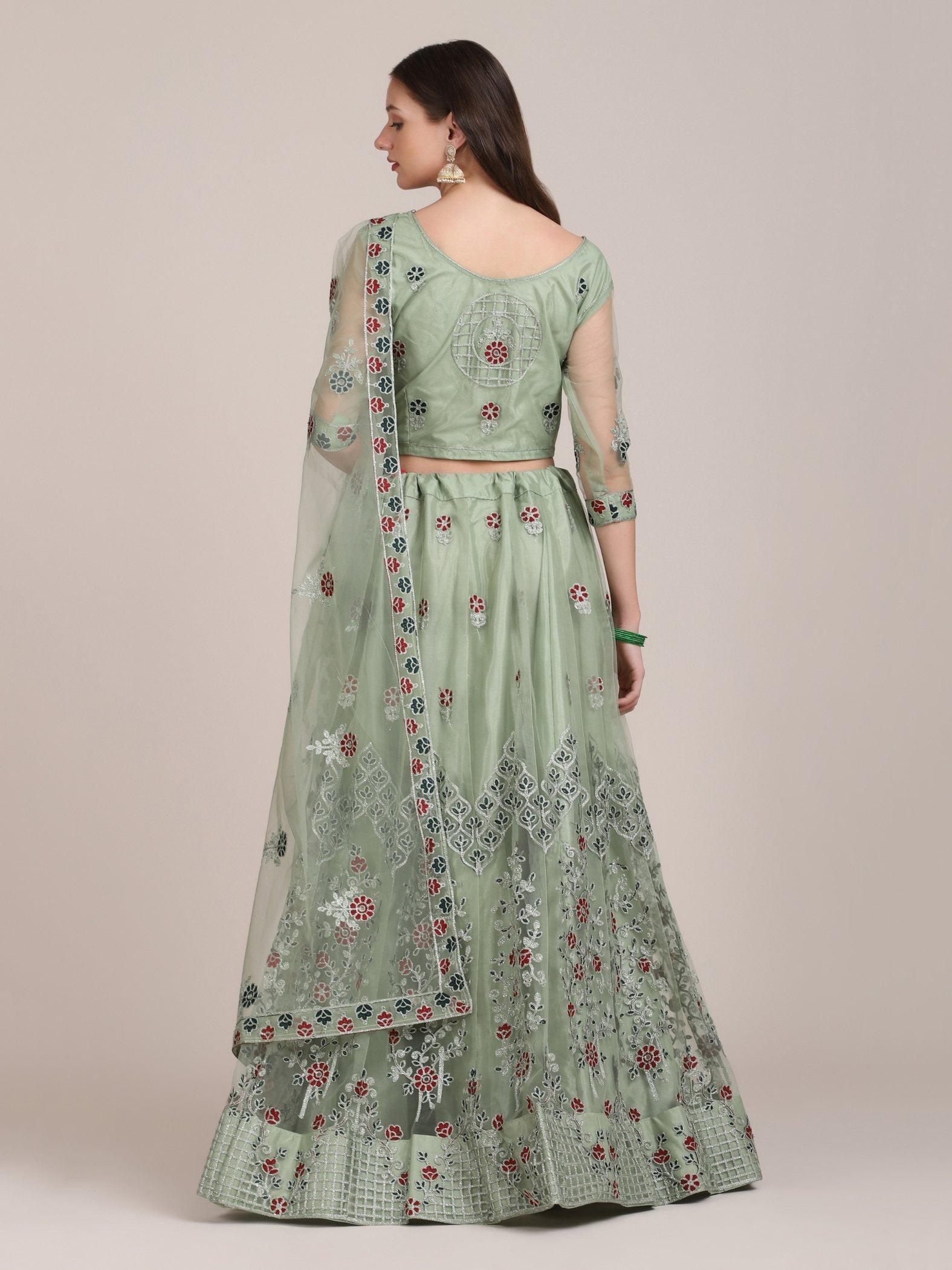 Jyoti Fashion Women's Sea Green Net Thread Embroidered Lehenga Choli with Dupatta | Swadesiicart