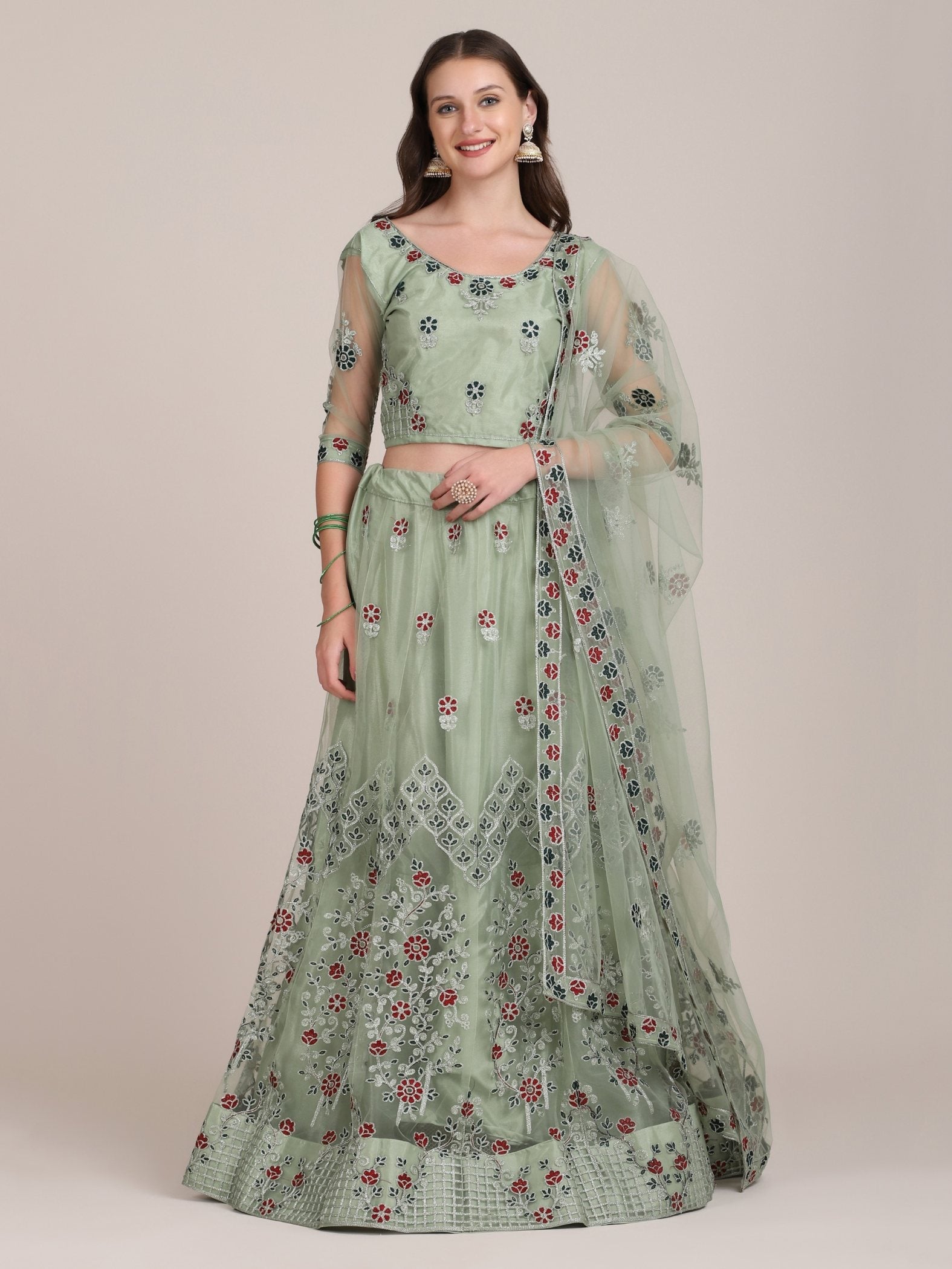 Jyoti Fashion Women's Sea Green Net Thread Embroidered Lehenga Choli with Dupatta | Swadesiicart
