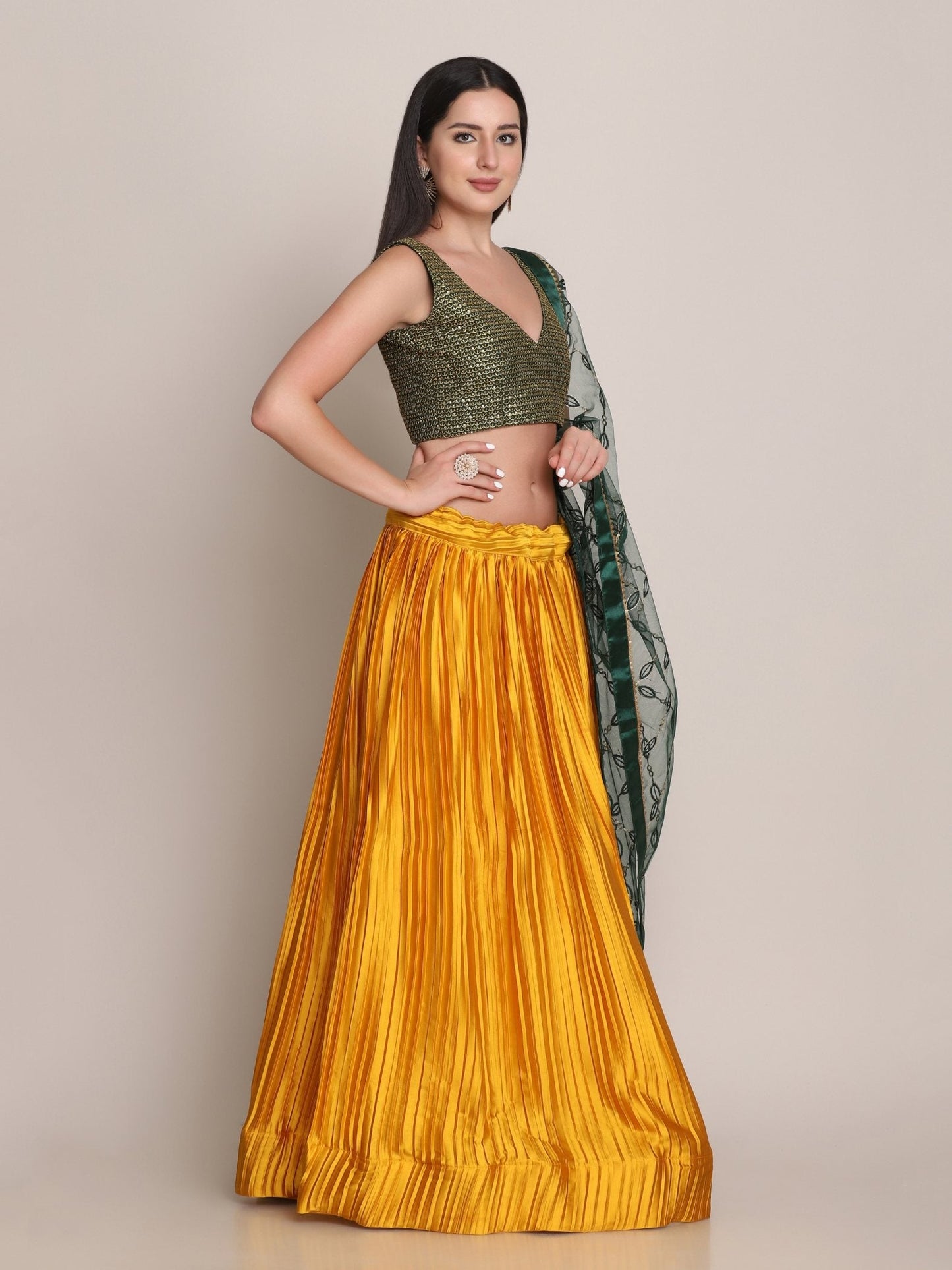 Jyoti Fashion Women's Yellow Satin Silk Platted Work Lehenga Choli with Dupatta | Swadesiicart