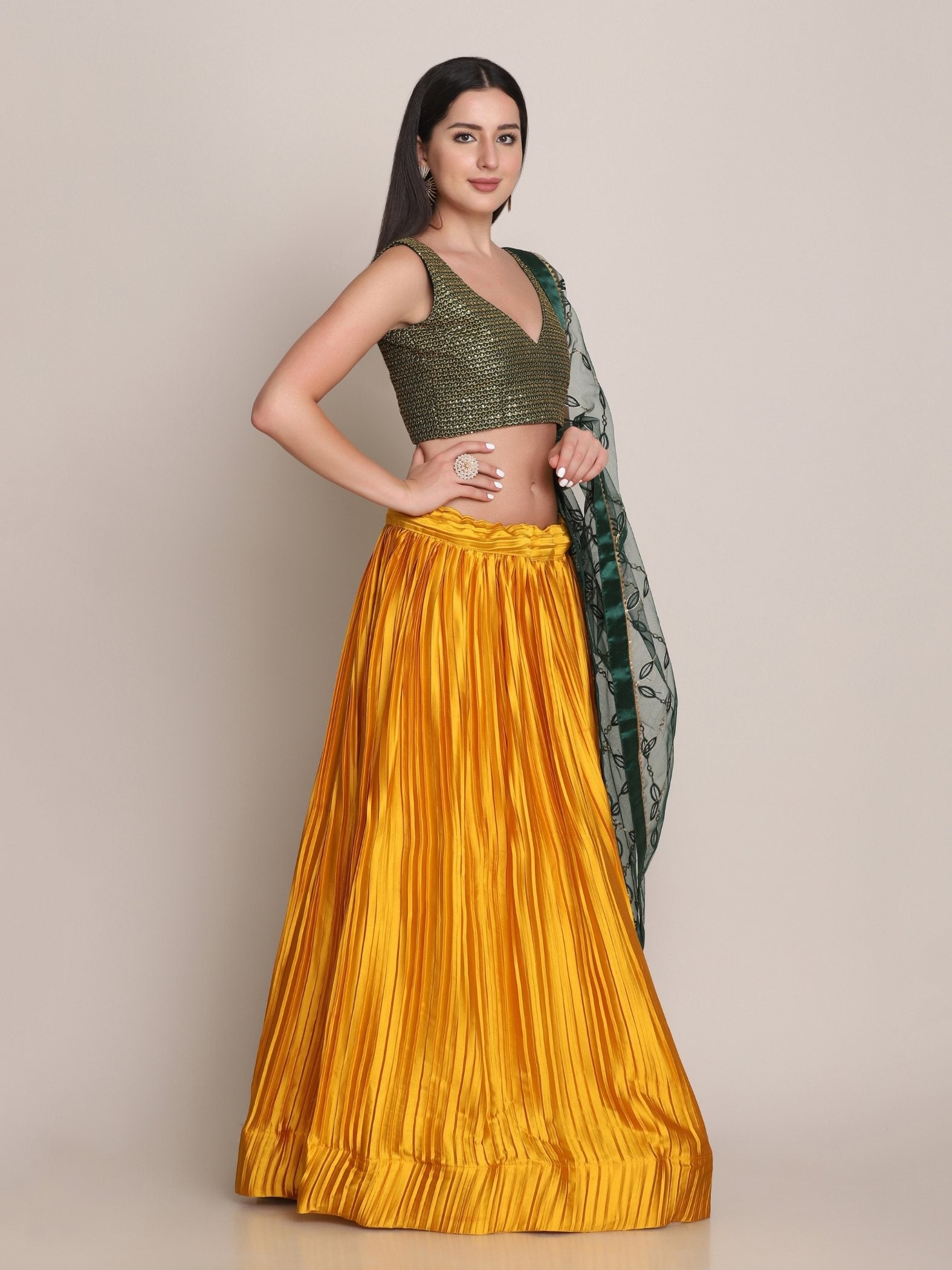 Jyoti Fashion Women's Yellow Satin Silk Platted Work Lehenga Choli with Dupatta | Swadesiicart