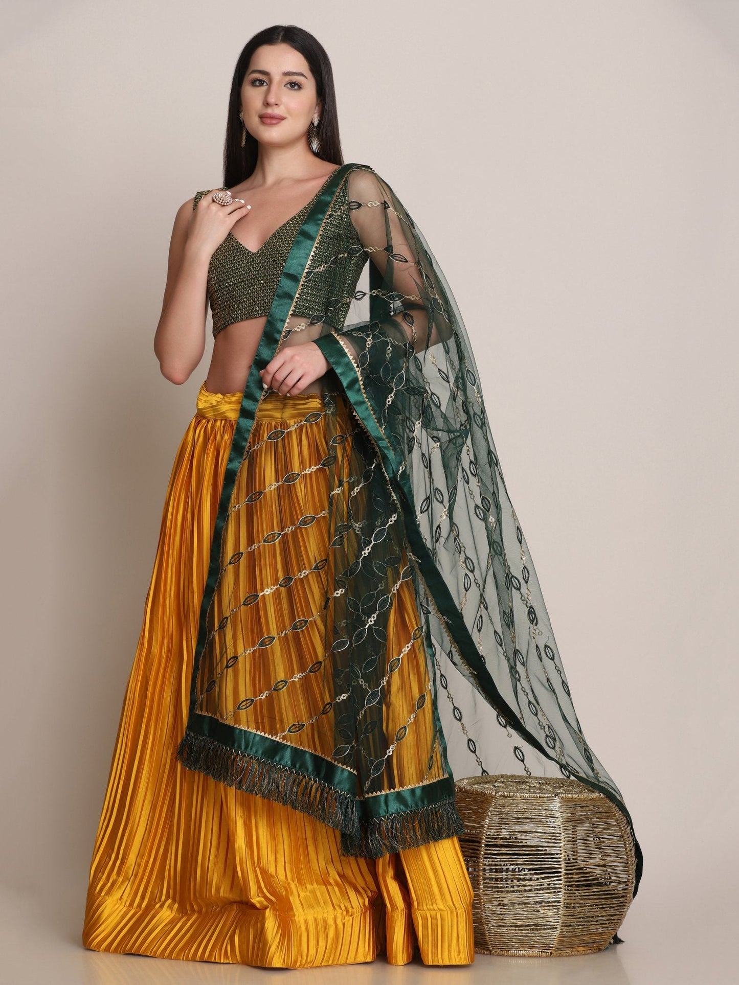 Jyoti Fashion Women's Yellow Satin Silk Platted Work Lehenga Choli with Dupatta | Swadesiicart