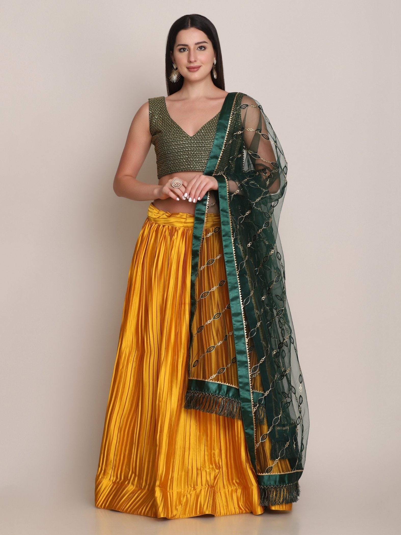 Jyoti Fashion Women's Yellow Satin Silk Platted Work Lehenga Choli with Dupatta | Swadesiicart