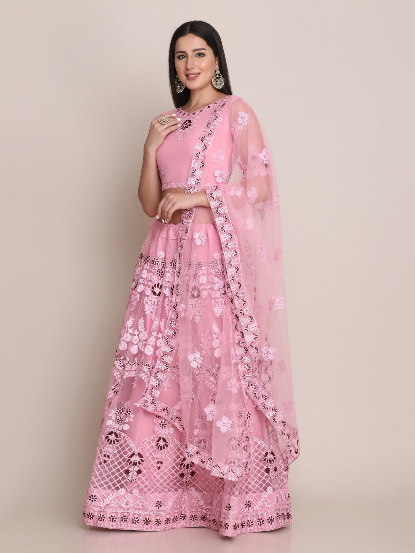Jyoti Fashion Women's Light Pink Net Thread Embroidered Lehenga Choli with Dupatta | Swadesiicart