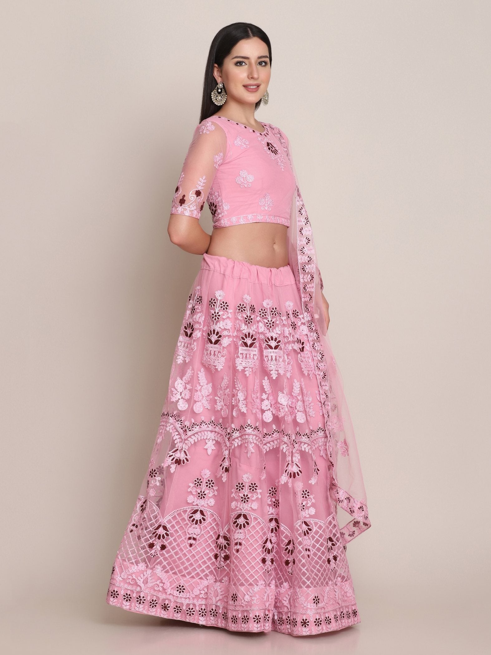 Jyoti Fashion Women's Light Pink Net Thread Embroidered Lehenga Choli with Dupatta | Swadesiicart