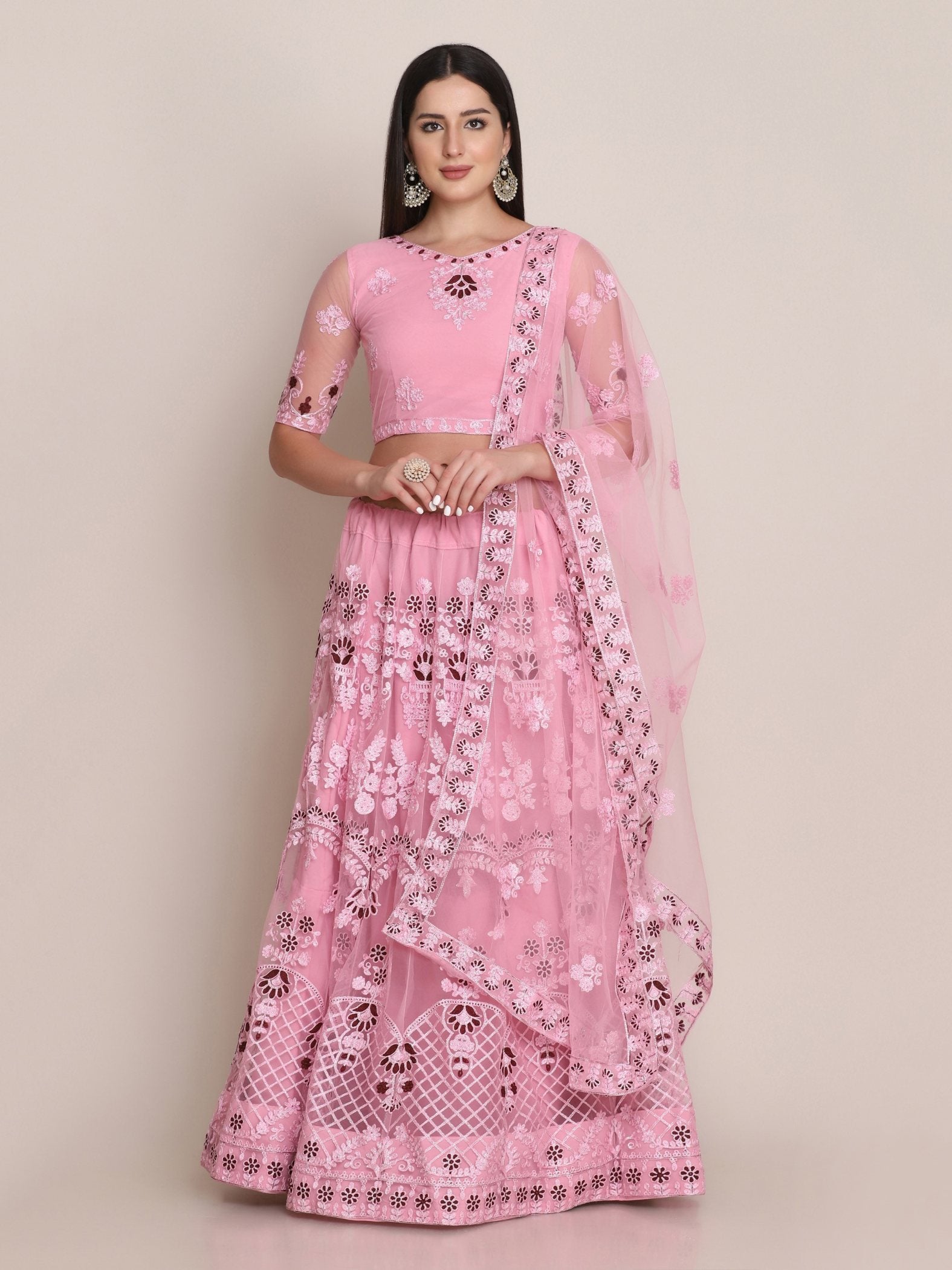 Jyoti Fashion Women's Light Pink Net Thread Embroidered Lehenga Choli with Dupatta | Swadesiicart