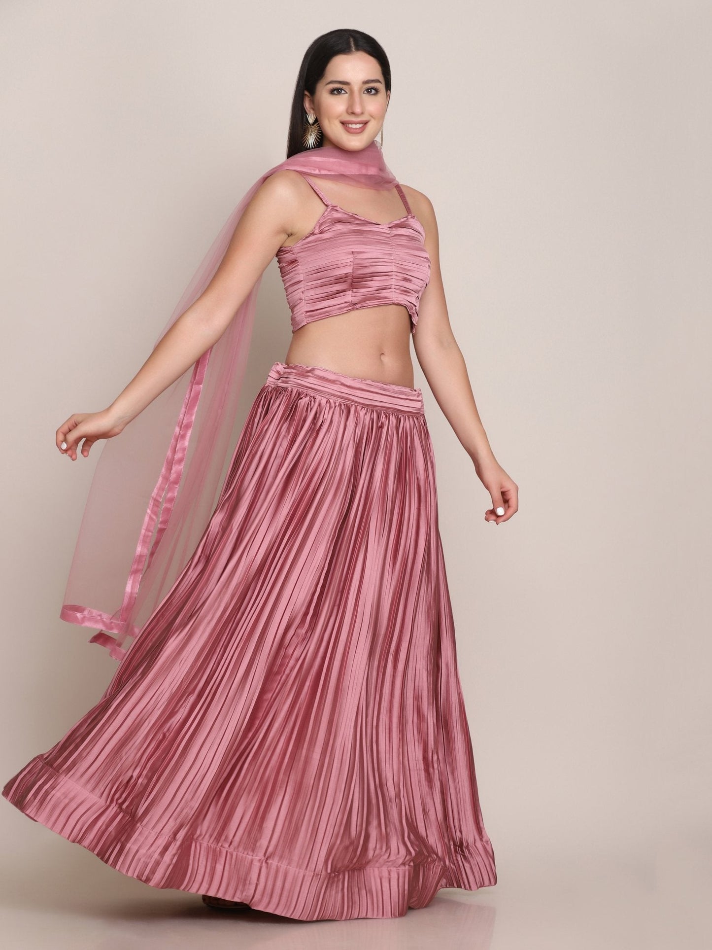 Jyoti Fashion Women's Dusty Pink Satin Silk Platted Work Lehenga Choli with Dupatta | Swadesiicart