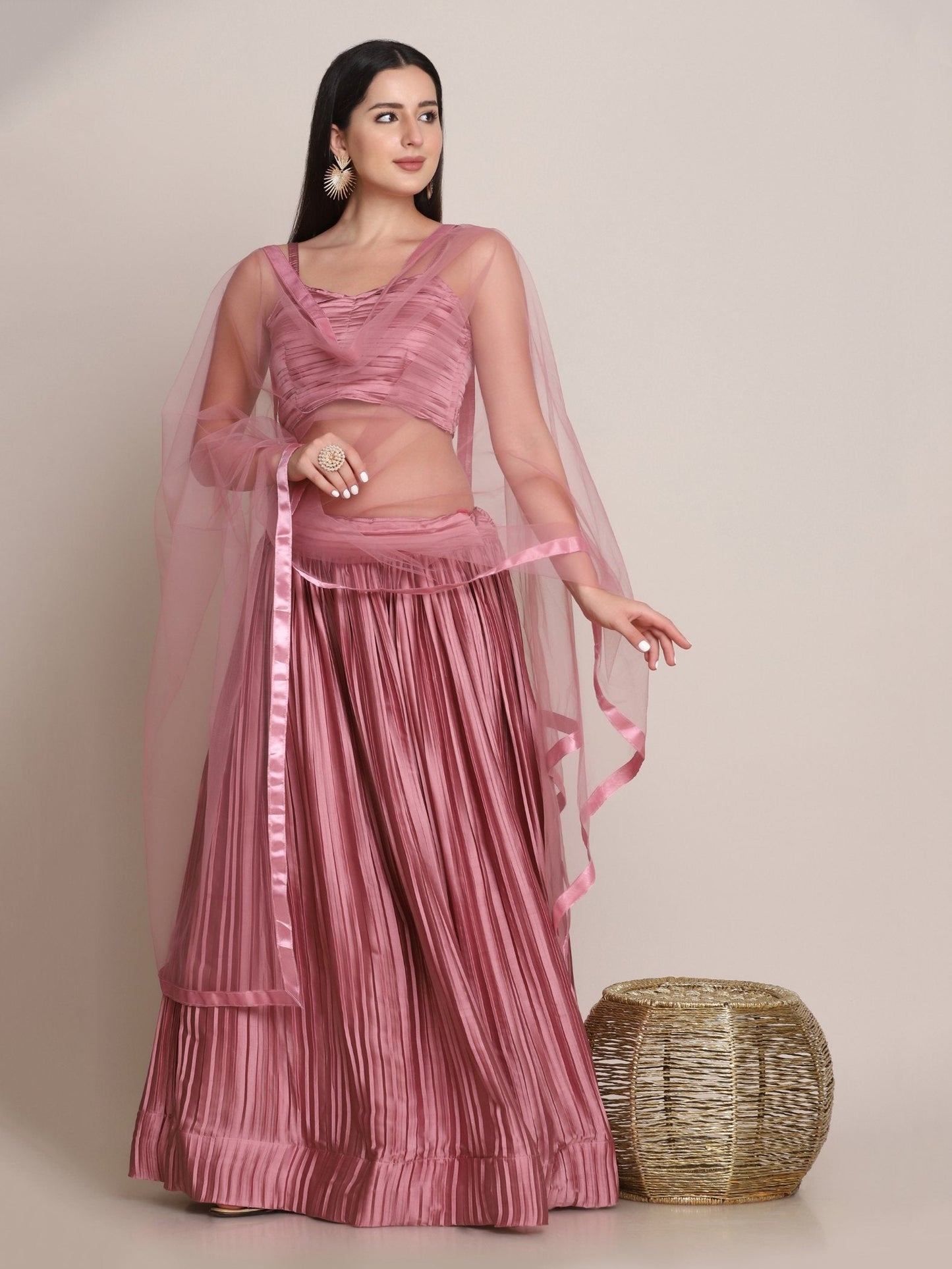 Jyoti Fashion Women's Dusty Pink Satin Silk Platted Work Lehenga Choli with Dupatta | Swadesiicart
